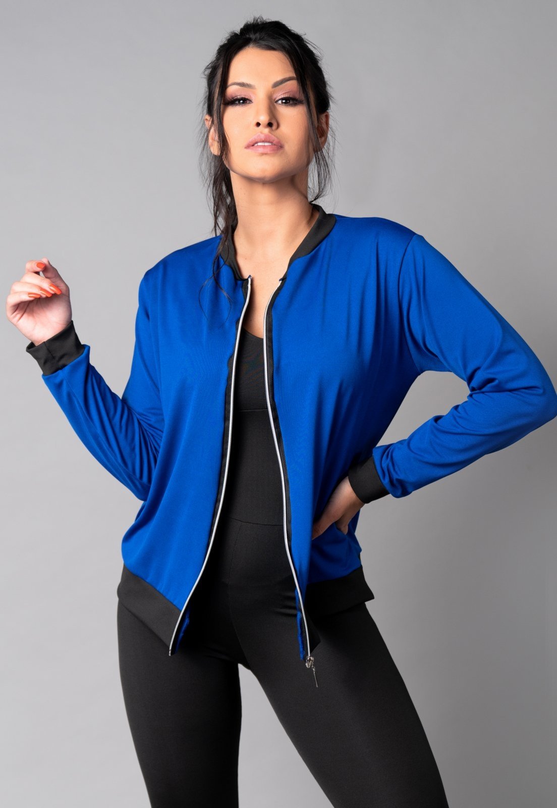 Casaco MVB Modas Jaqueta Bomber Zíper Suplex Estampado Azul