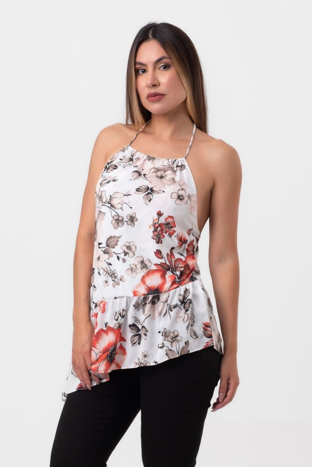 Blusa ponta frente única gérberas pequiá