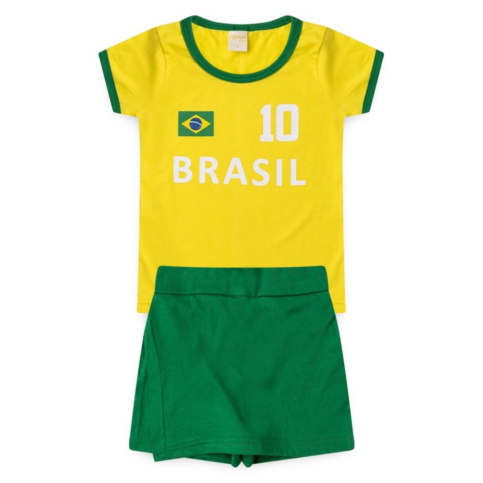 Infantil - Conjunto Brasil Menina Amarelo Blusa e Shorts Saia Copa do Mundo