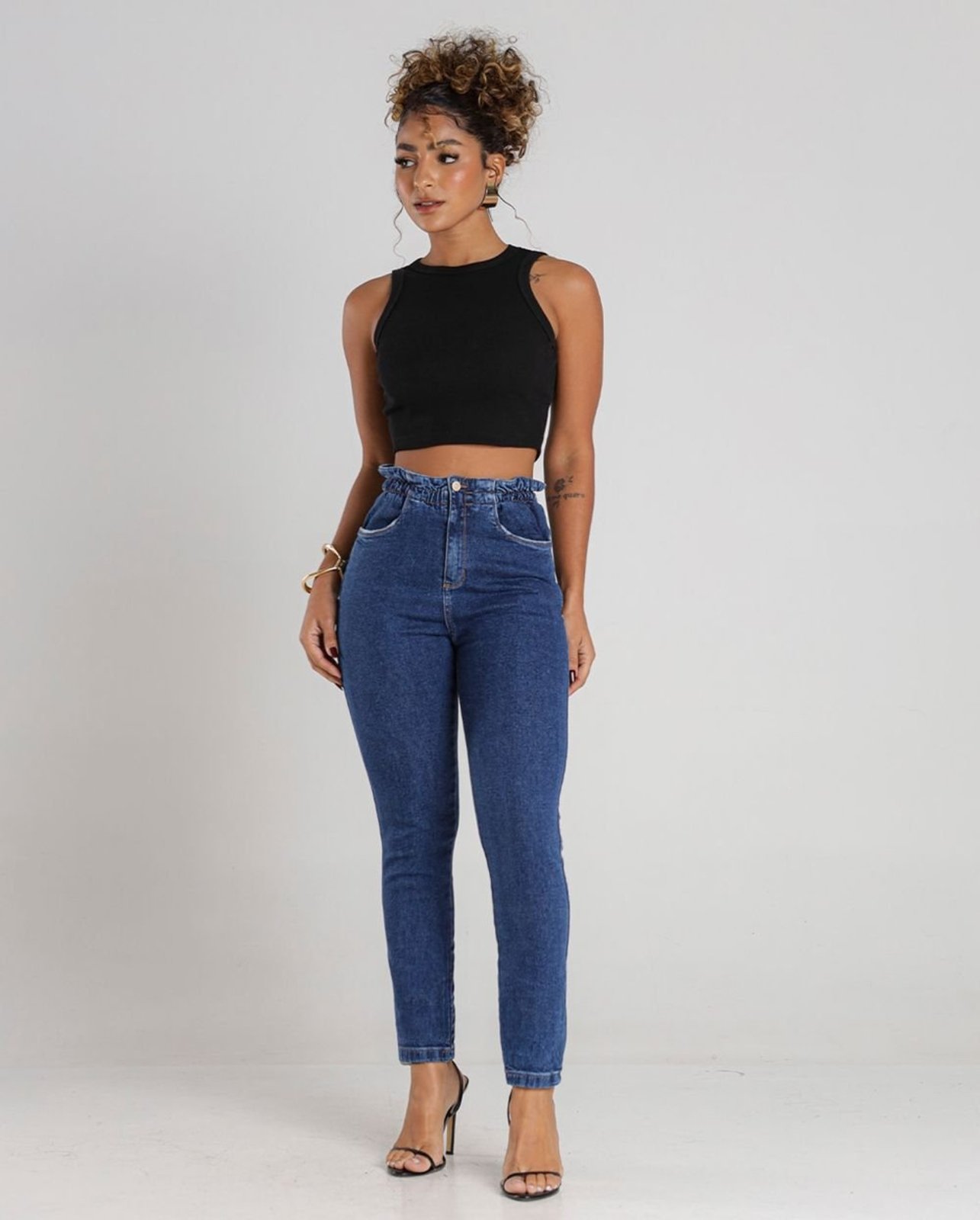 Calça Jeans Mom Feminina Cintura Alta Cós Clochard 23642 Escura Consciência