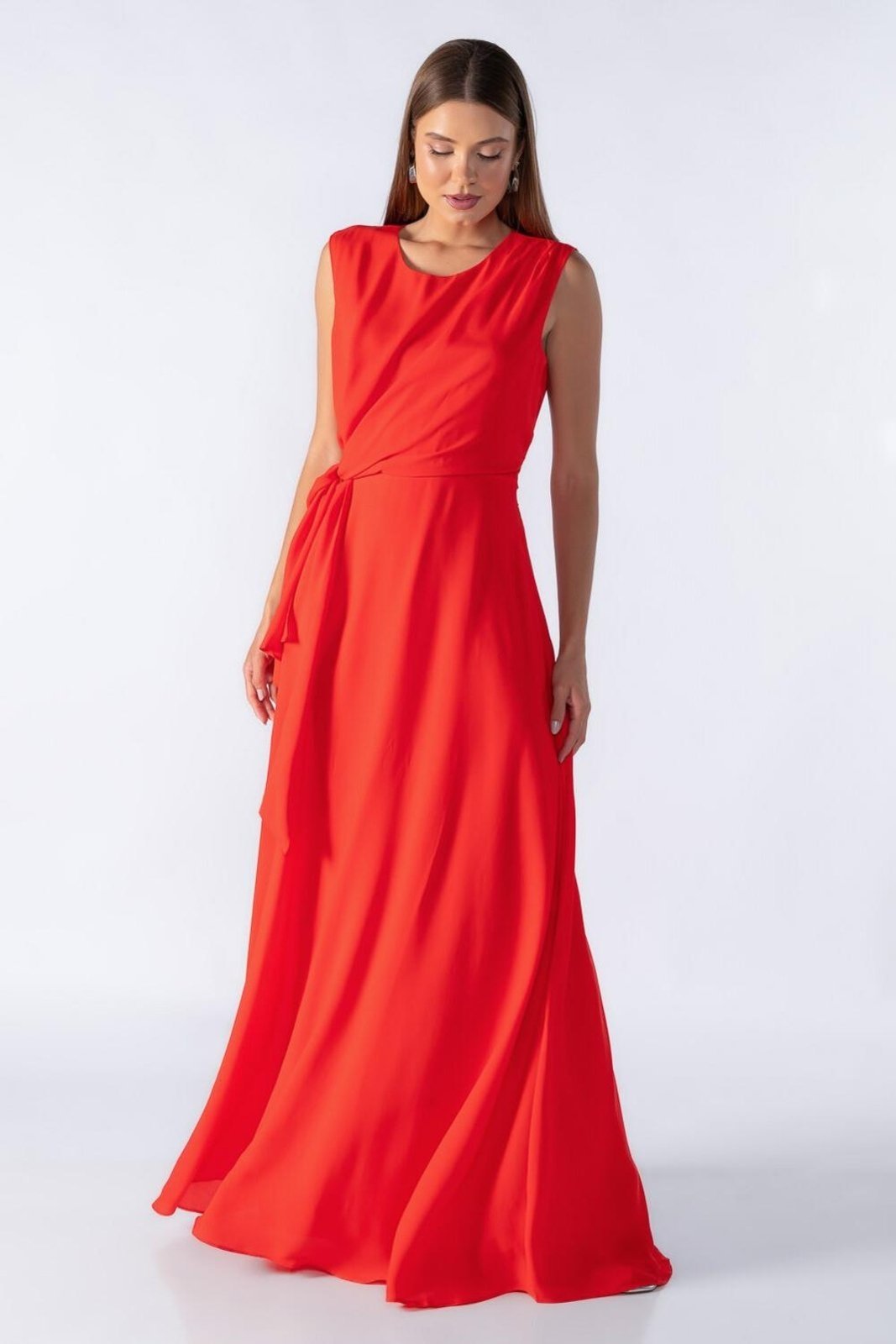 Vestido longo com amarracao na cintura Vermelho