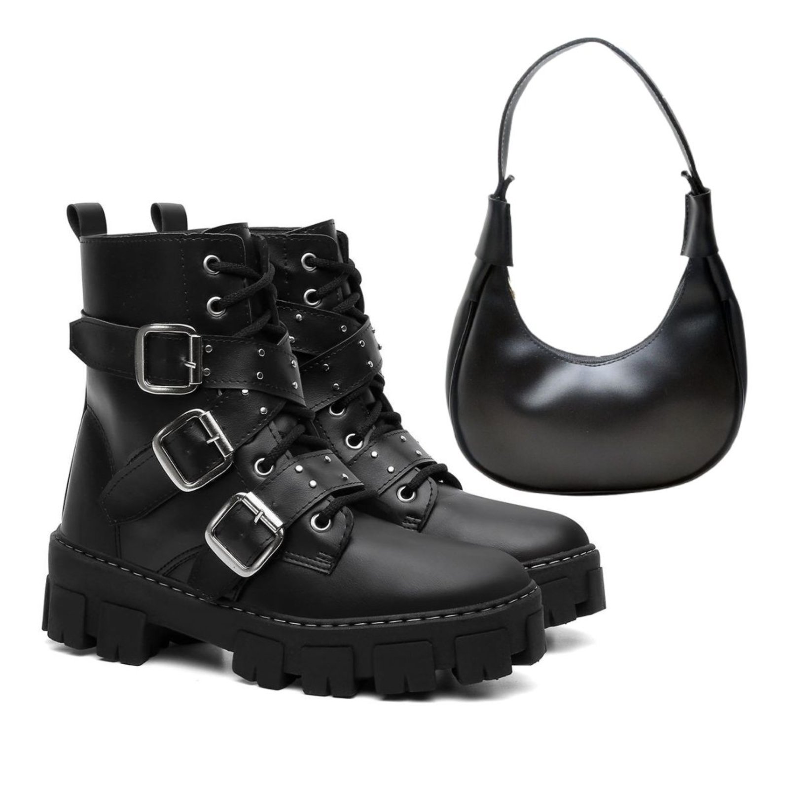 Kit Bota Coturno Feminino Anna Andrade Casual Tratorado Cano Baixo Fivelas Tendência e Bolsa Preto