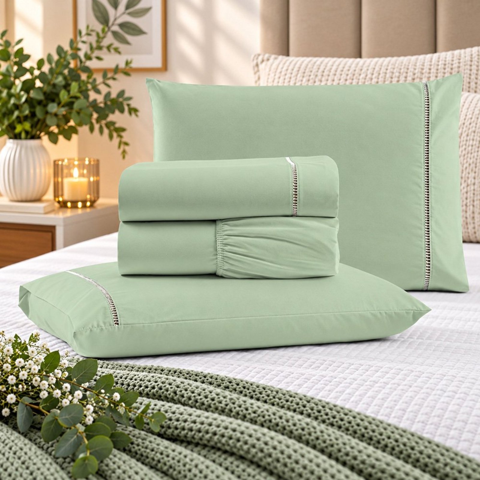 Jogo de Cama Lençol King Pluma Percal 180 Fios 4 Peças 100% Algodão - Verde Claro