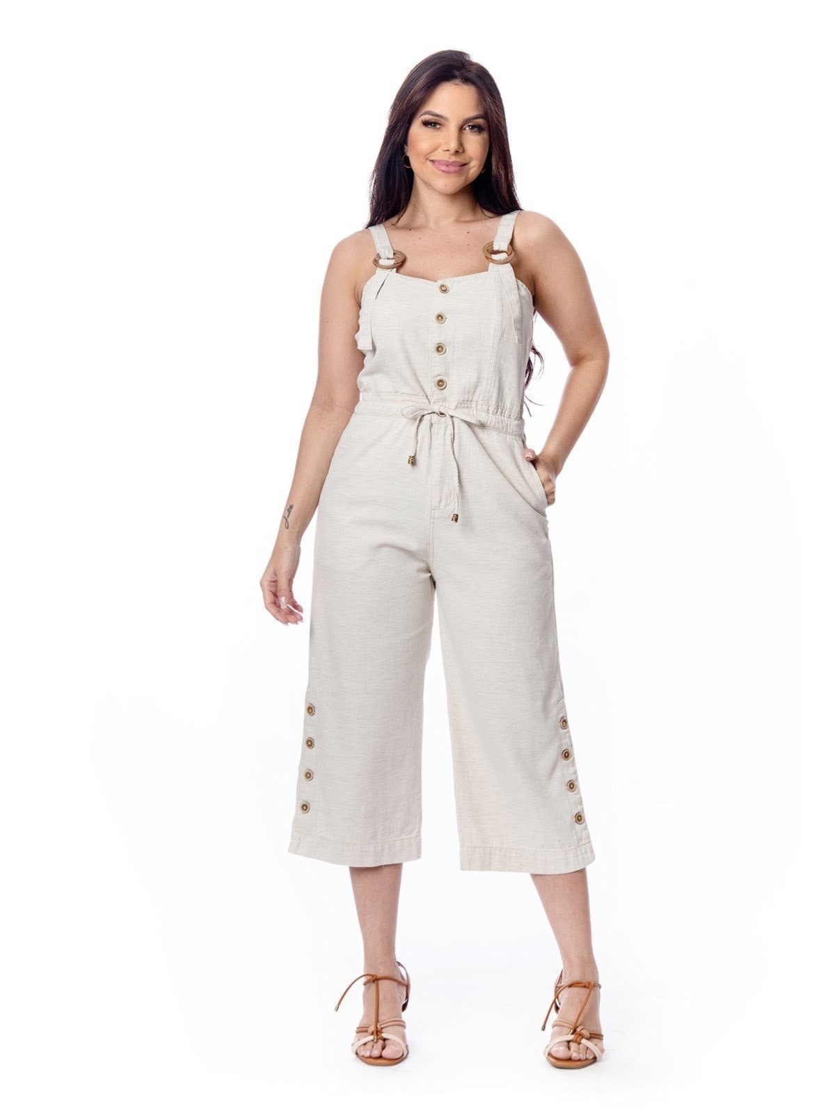 Macacão Restrito Jeans Pantacourt de Linho Natural – Bege
