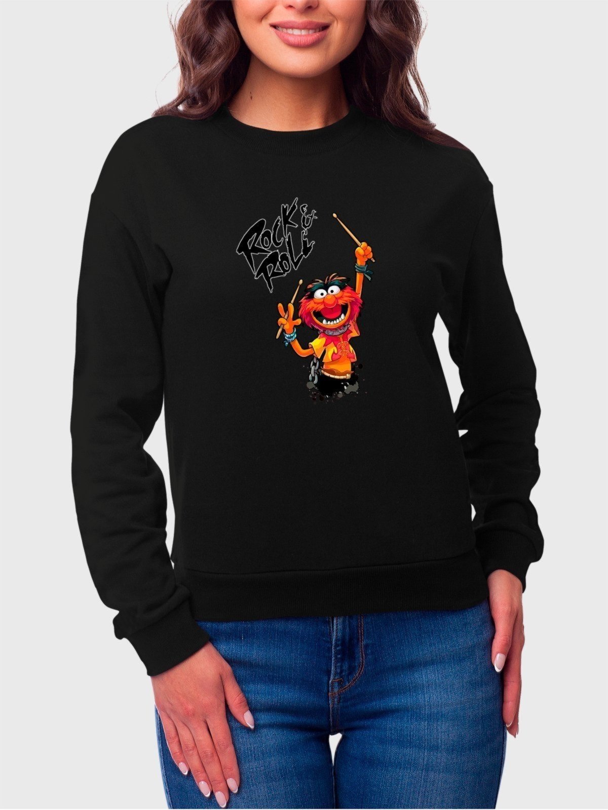 Moletom Gola Redonda Feminino Flanelado Estampa Rock Roll Divertido Preto