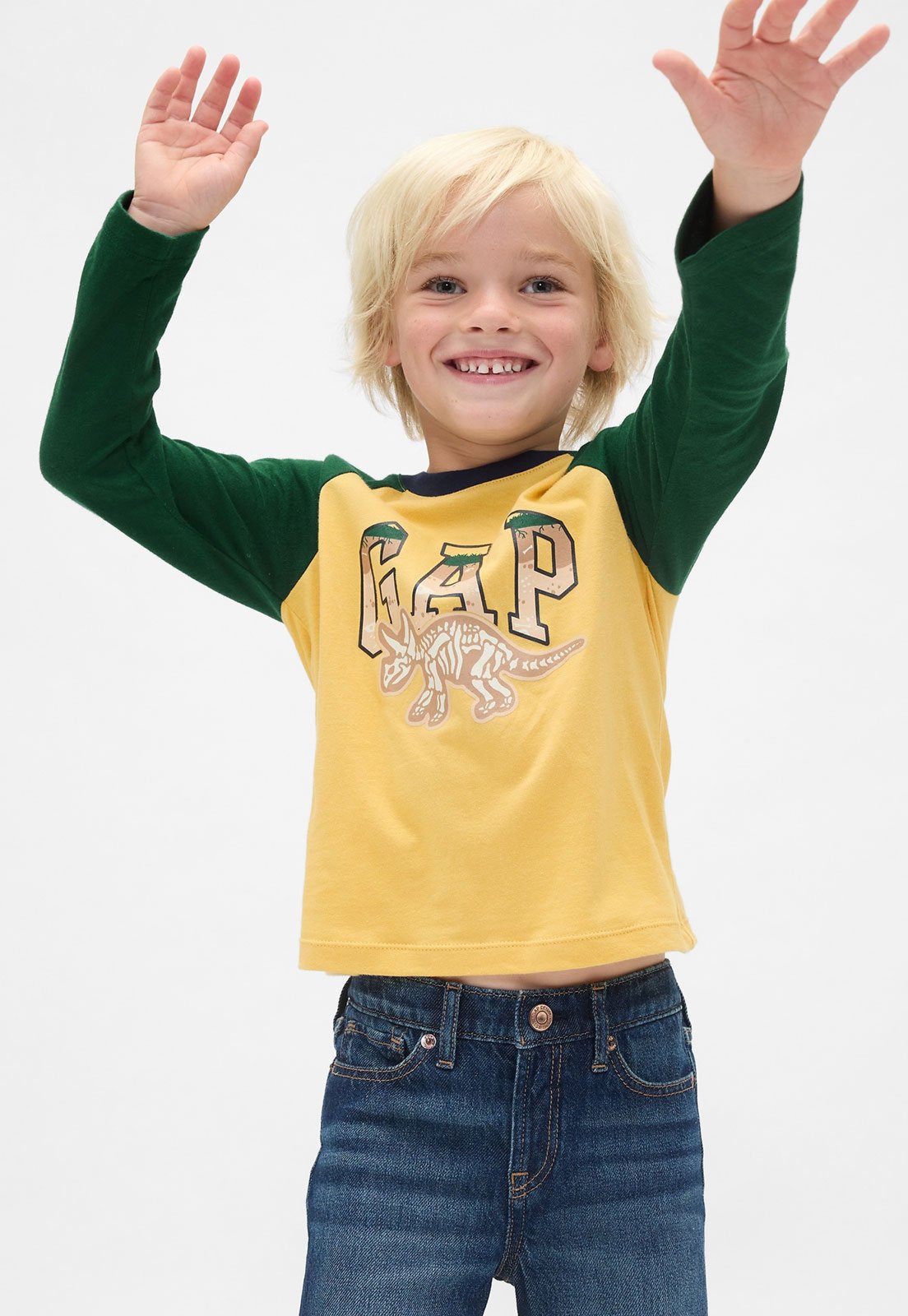 Camiseta GAP Estampa Dinossauro Amarela e Verde