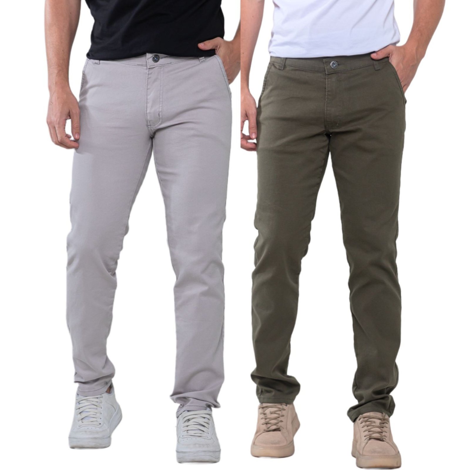Kit 2 Calças Sarja Masculina KOVALI Skinny Casual Premium Confortável com Elastano Cinza e Verde