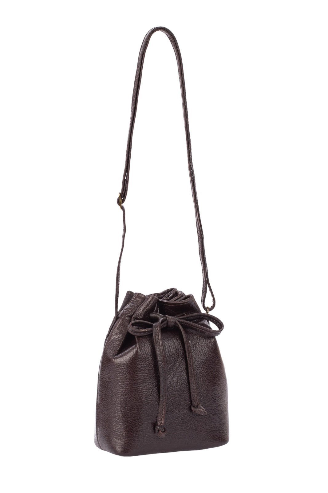 Mini bolsa saco em couro liso Nathy – Café