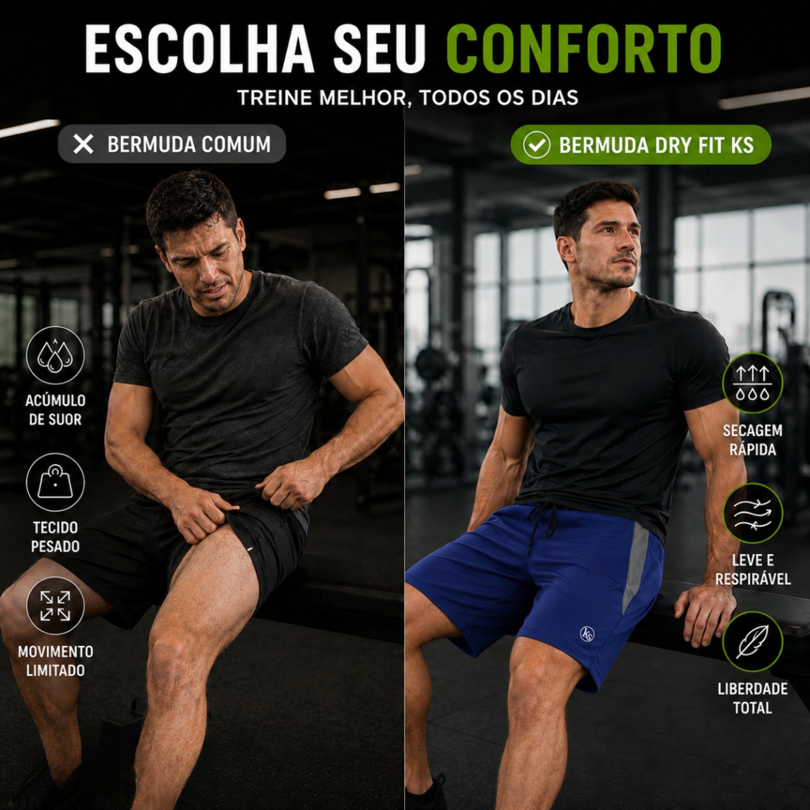KIT 2 Bermudas Masculina KS Tecido Dry Fit Treino Academia Corrida Praia