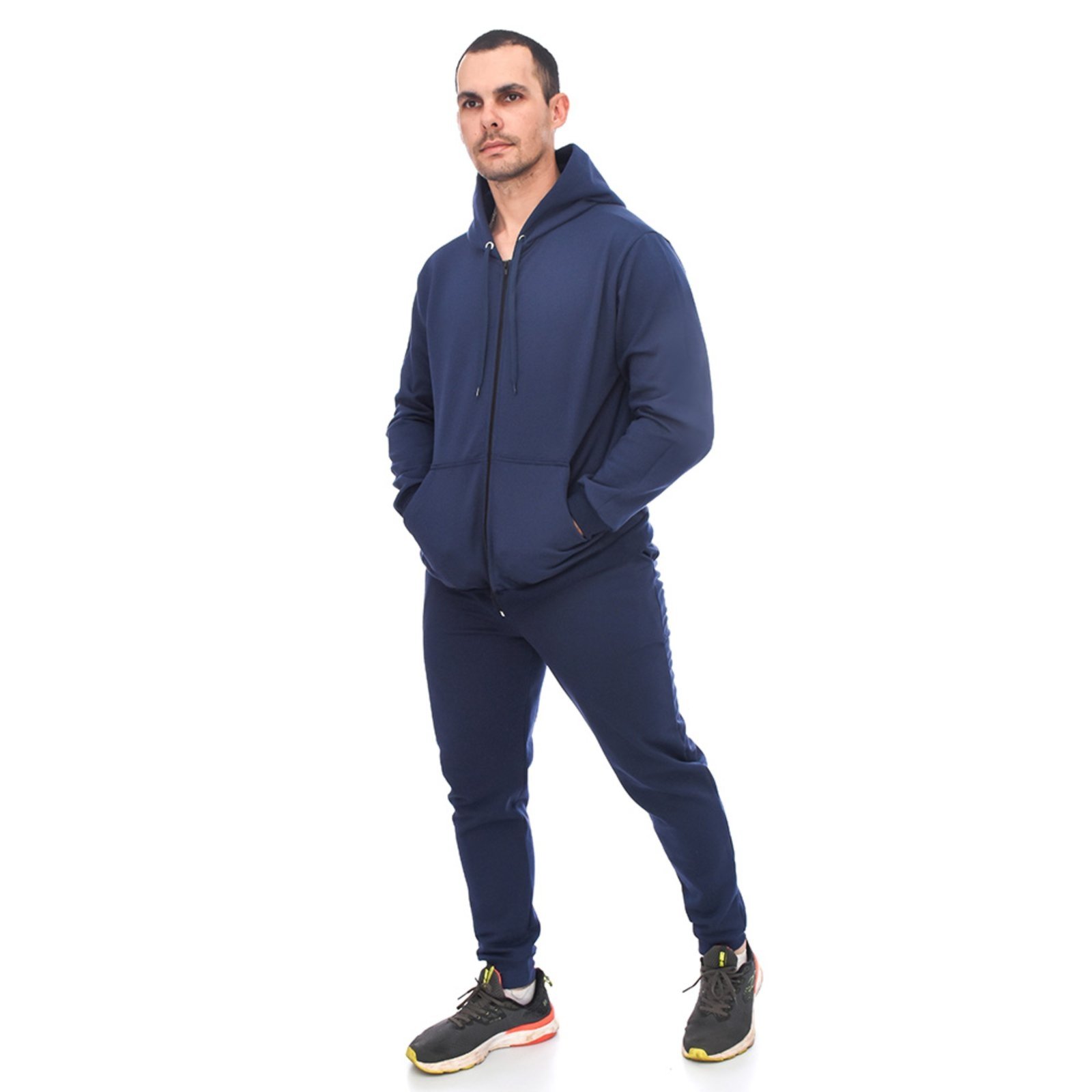 Conjunto Em Moletom Blusa Com Zíper e Capuz Jaqueta E Calça Estilo Jogger Adulto Azul Marinho Aliarthe