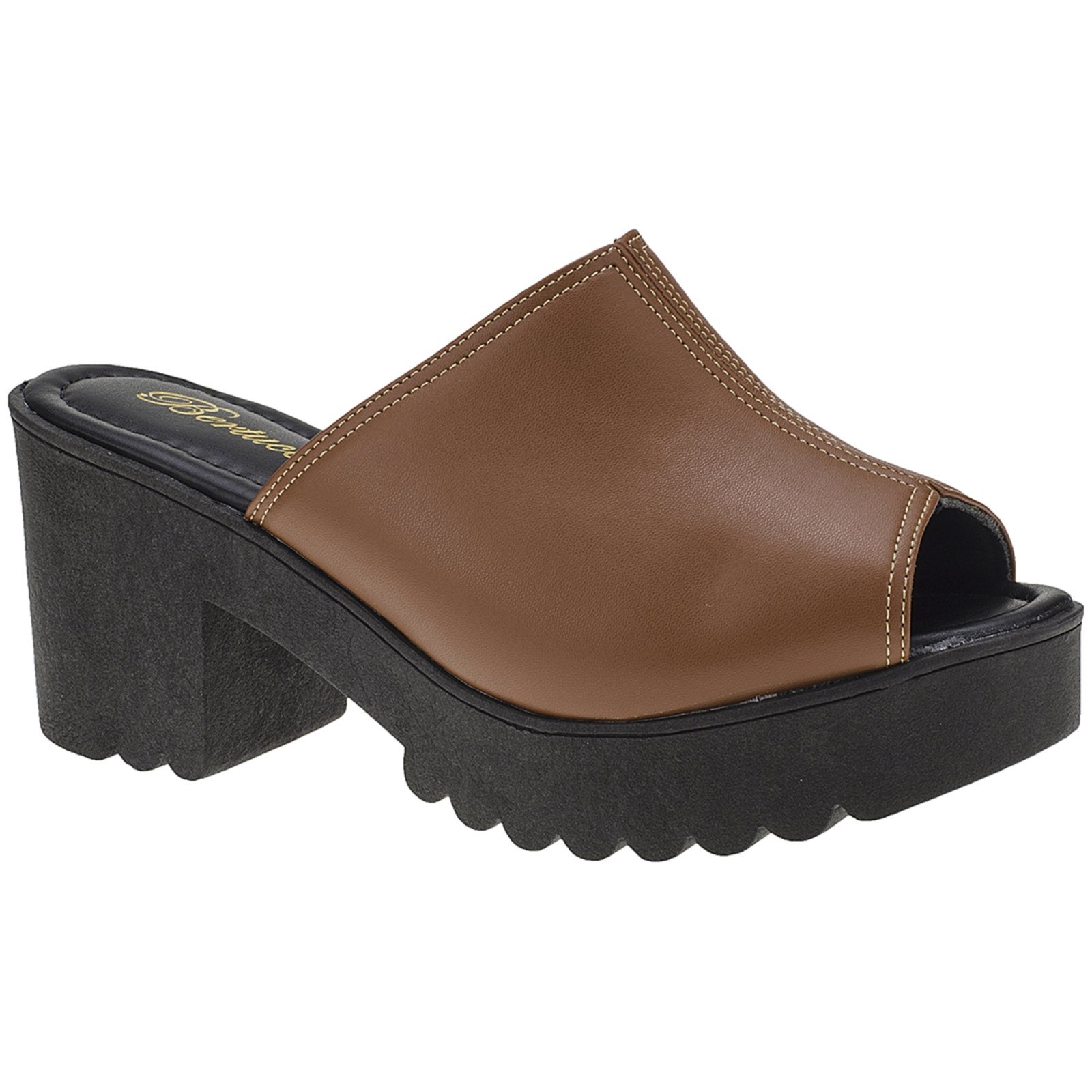 Vista 3 Tamanco Tratorado Sandalia Mule Feminino Salto Grosso Medio Baixo Confortavel Silvia Bertuccio caramelo Silvia Bertuccio caramelo