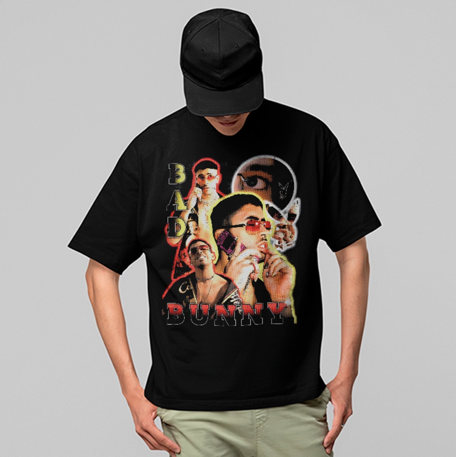 Camiseta Oversized Vintage Street Collage Bad Bunny Unissex Preto