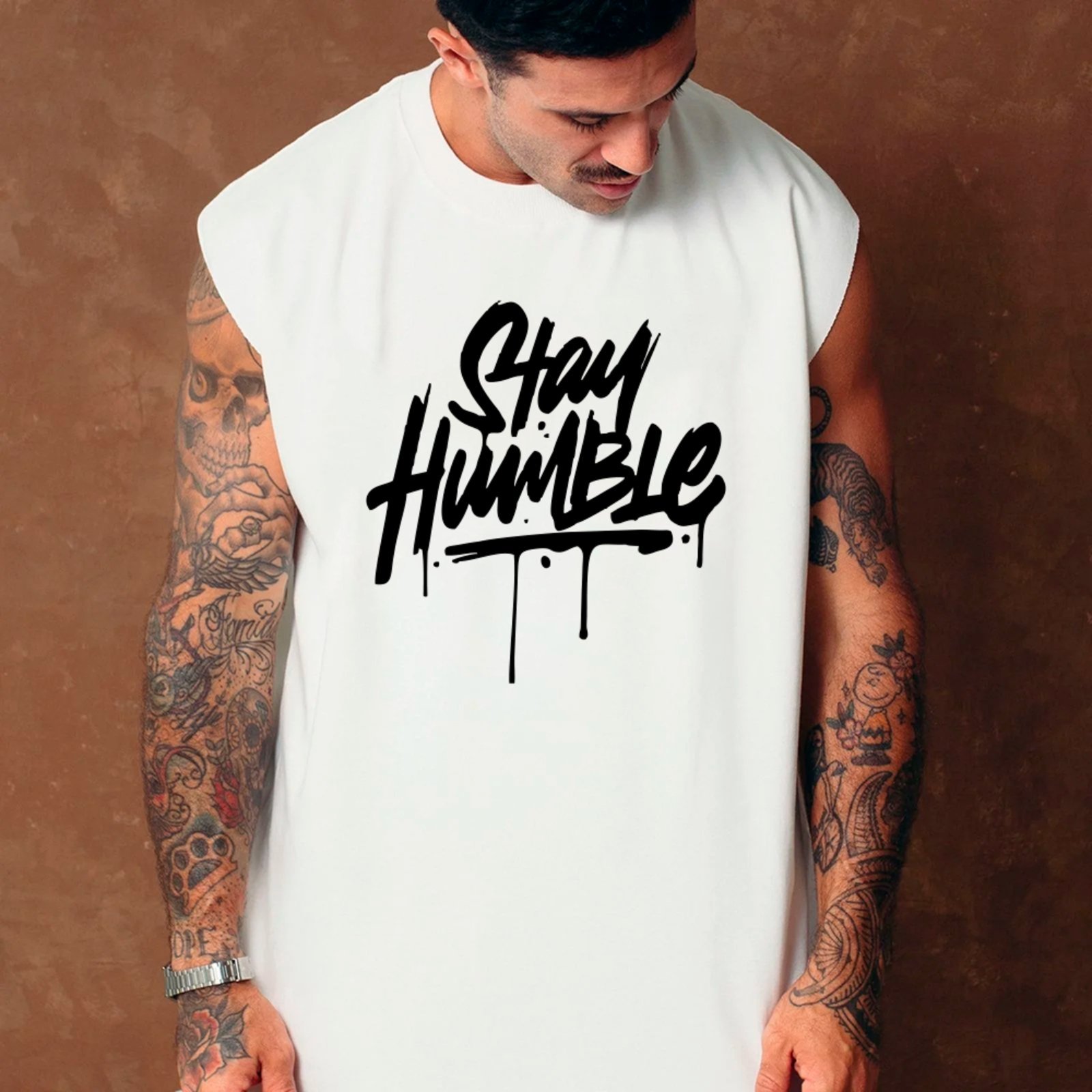 Camiseta Regata Machão Ousy Stay Humble Streetwear Oversized Masculina Branco