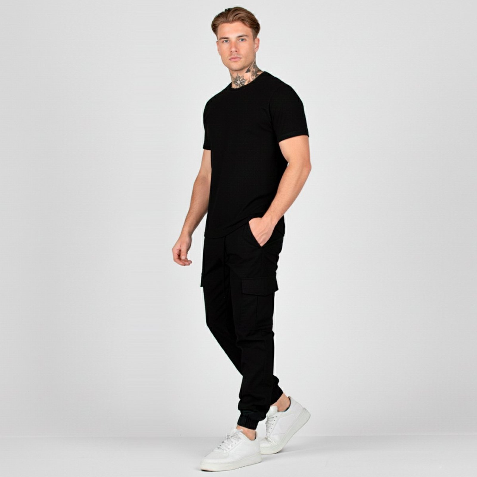 Calça Jogger Cargo Skinny Masculina Elástico Punho Preto