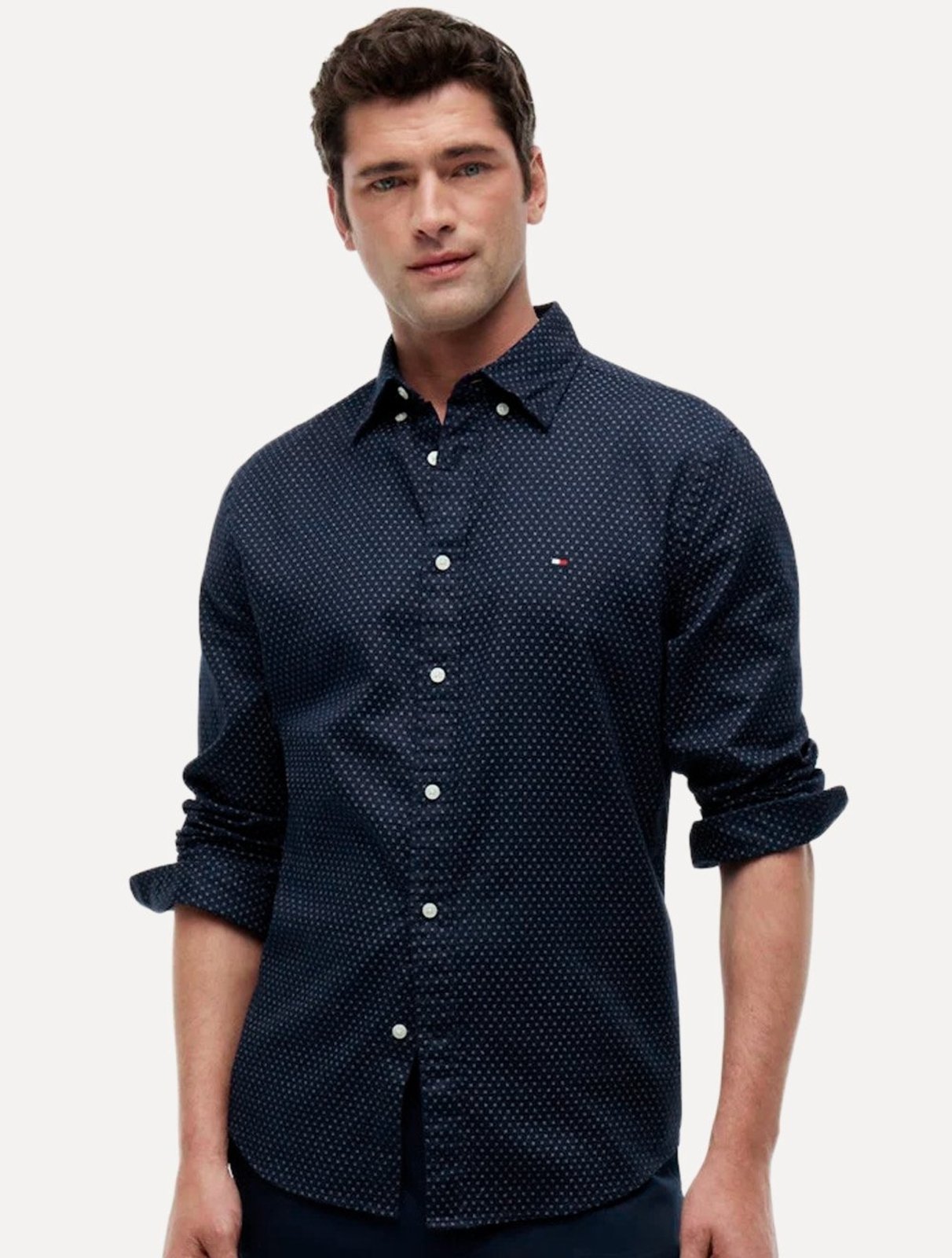 Camisa Tommy Hilfiger Masculina Flex Poplin Mini Print Shirt Azul Marinho