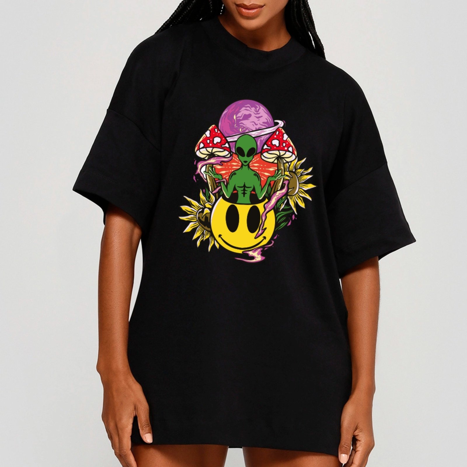 Camiseta Ousy Alien Psicodélico Oversized Unissex Preto