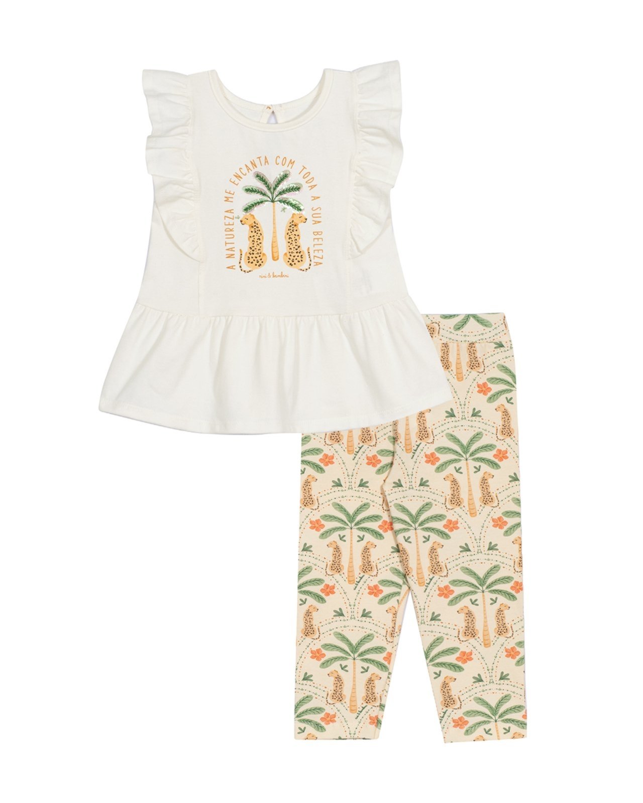 Vista 3 Infantil - Conj. blusa manga borboleta peplum + legging estampada Nini & Bambini branco Nini & Bambini branco