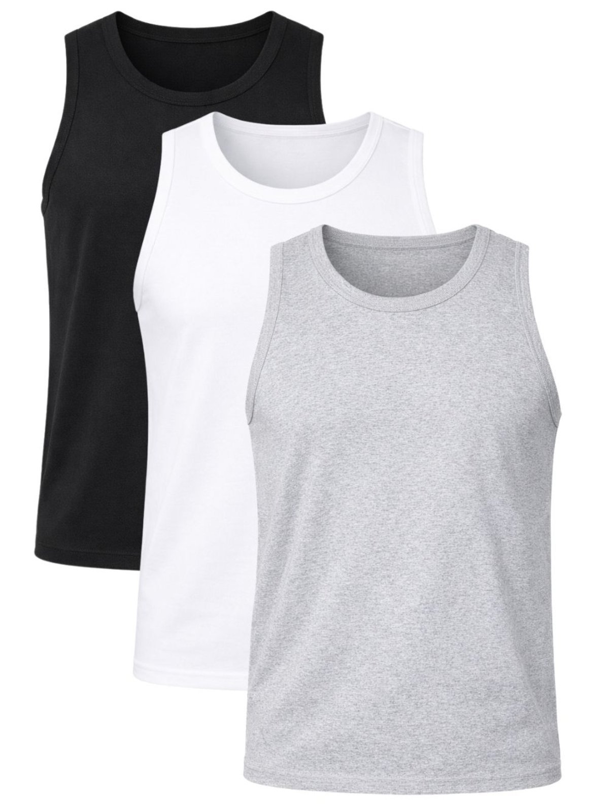 kit 3 Regatas Masculina Caneladas Básicas em Ribana Preta, Branca e Cinza Crocker - 50737