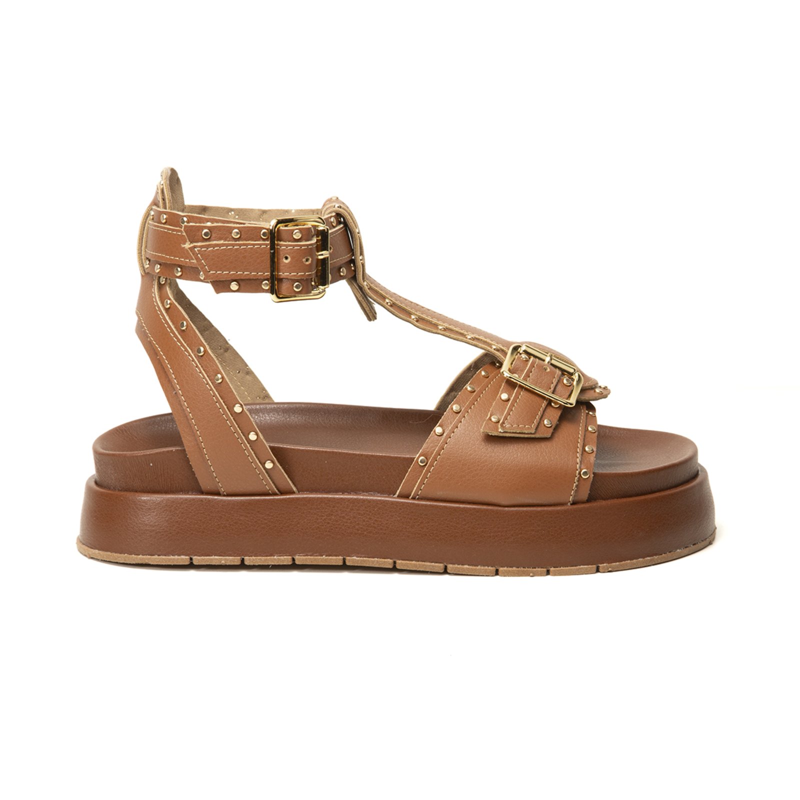 Sandália FlatForm Amarena Caramelo Plataforma Fivela Regulável Aplicações Spikes