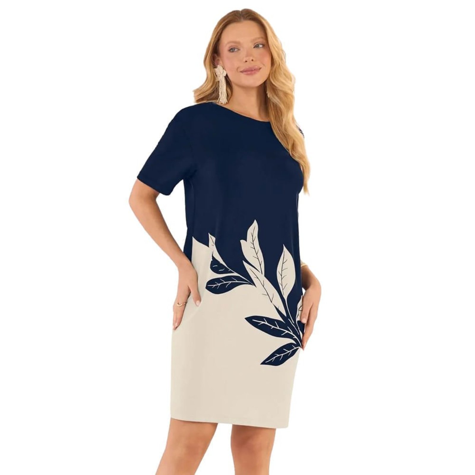 Vestido Feminino Rovitex Curto Estampa Folhas Marinho