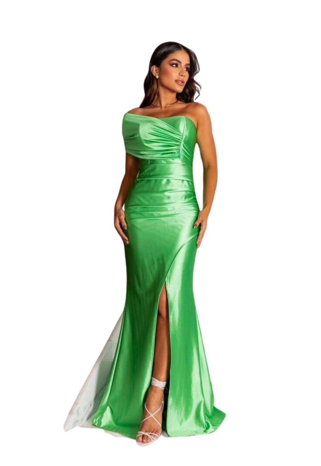Vestido Longo de Festa Acetinado Tubinho Sereia Tomara que caia um Ombro Fenda Kenya Verde Limão