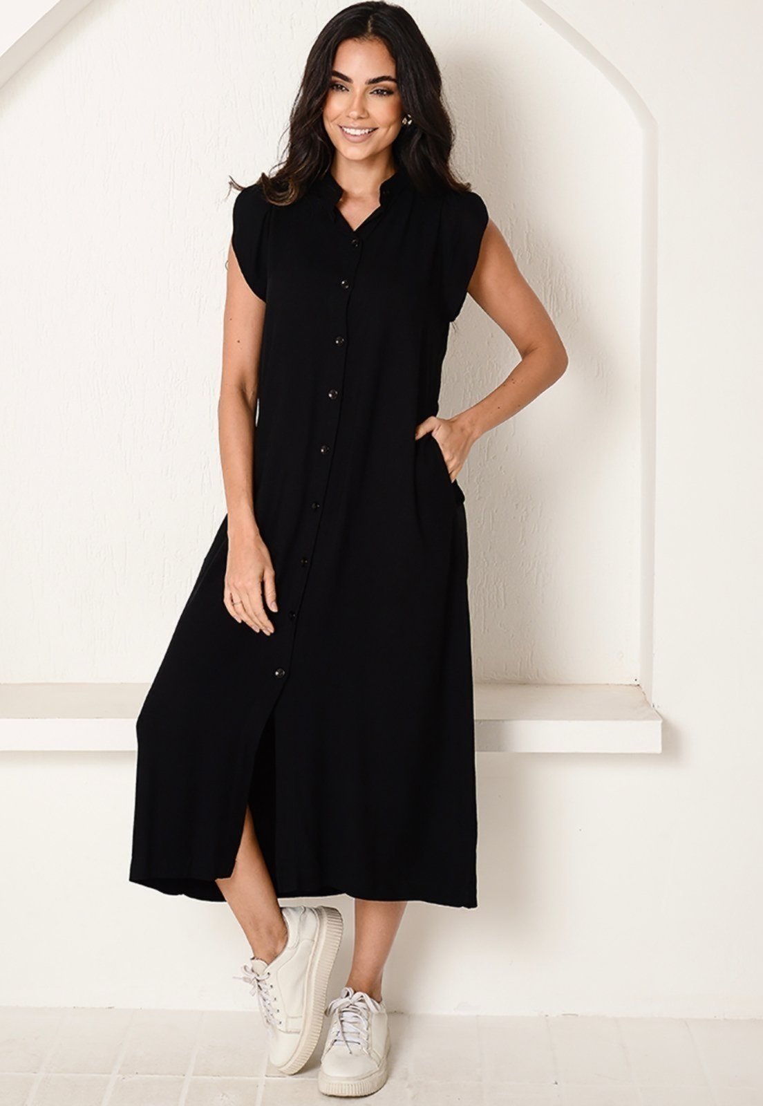 Vista 3 Vestido Chemise Midi Botões M/C B’Bonnie Sienna B'Bonnie preto B'Bonnie preto