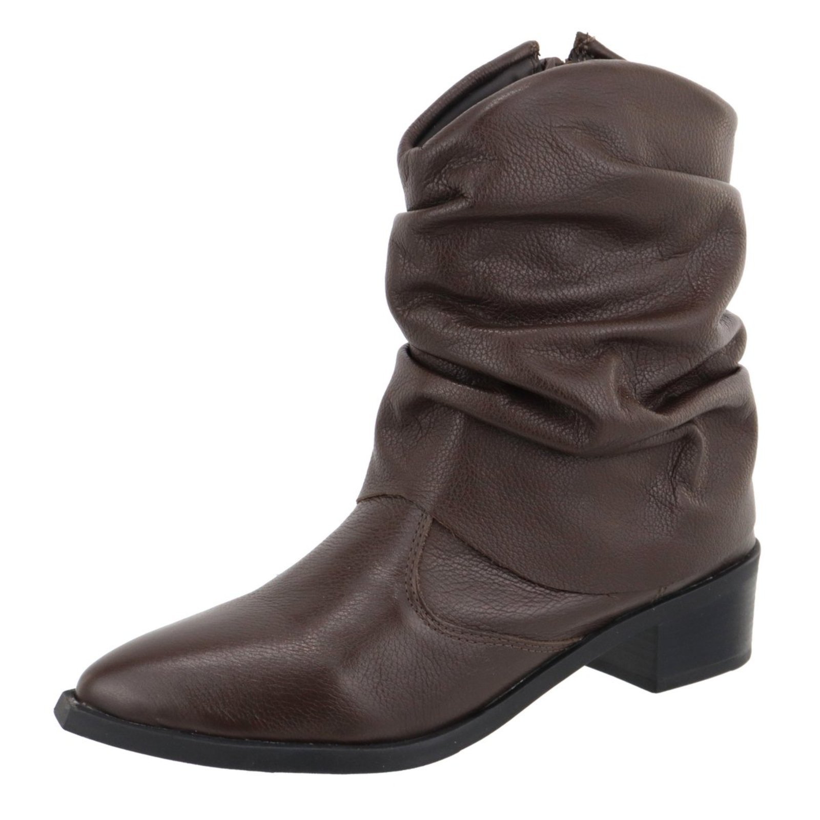Bota Enrugada Bico Fino Couro Legitimo Cano Curto Lançamento Chocolate Feminina Tellini Store