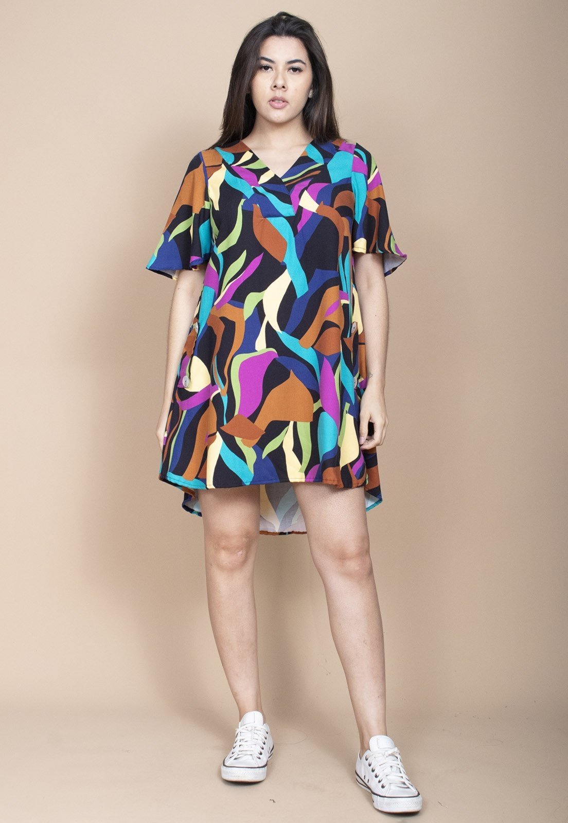 Vestido Curto Cabanafree Pataxô Viscose Mullet Decote V Aurora Urbana