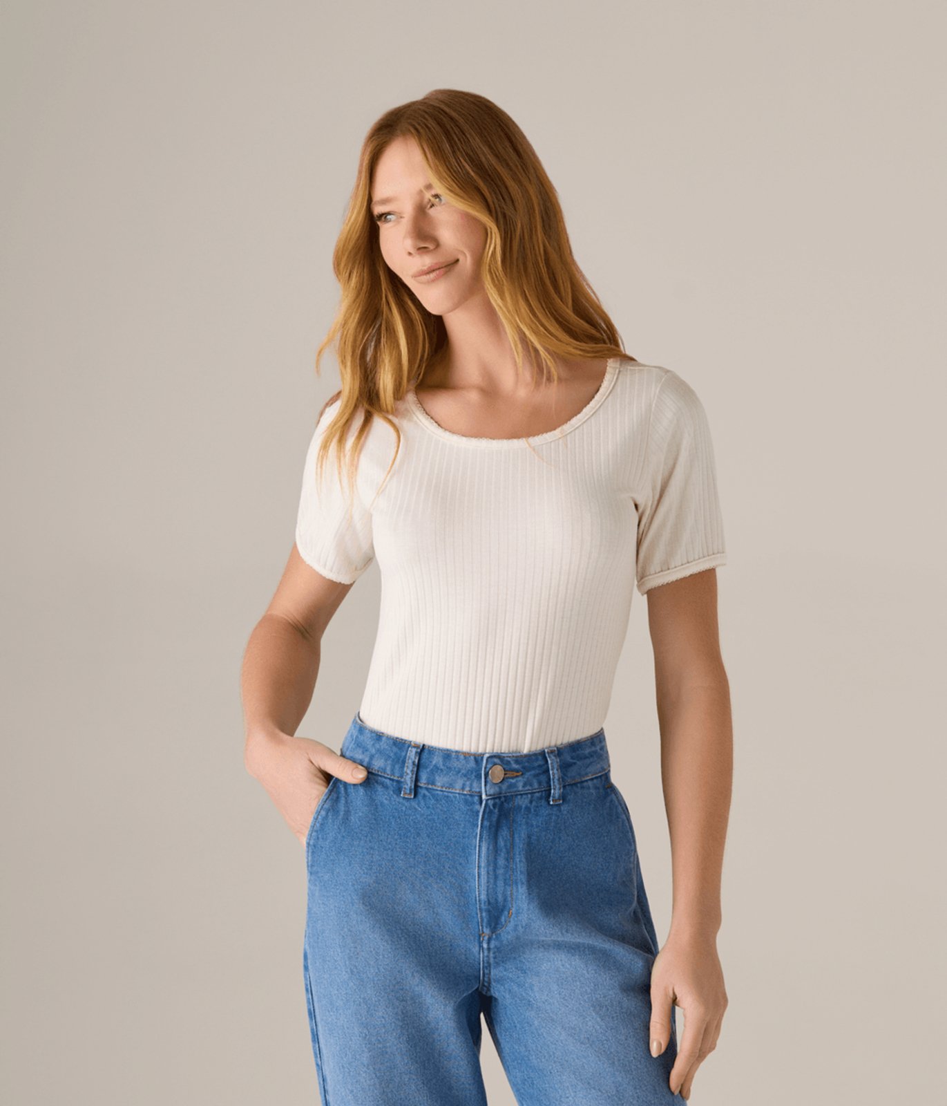 Blusa Makenji Canelado Com Bordado Feminina Off White
