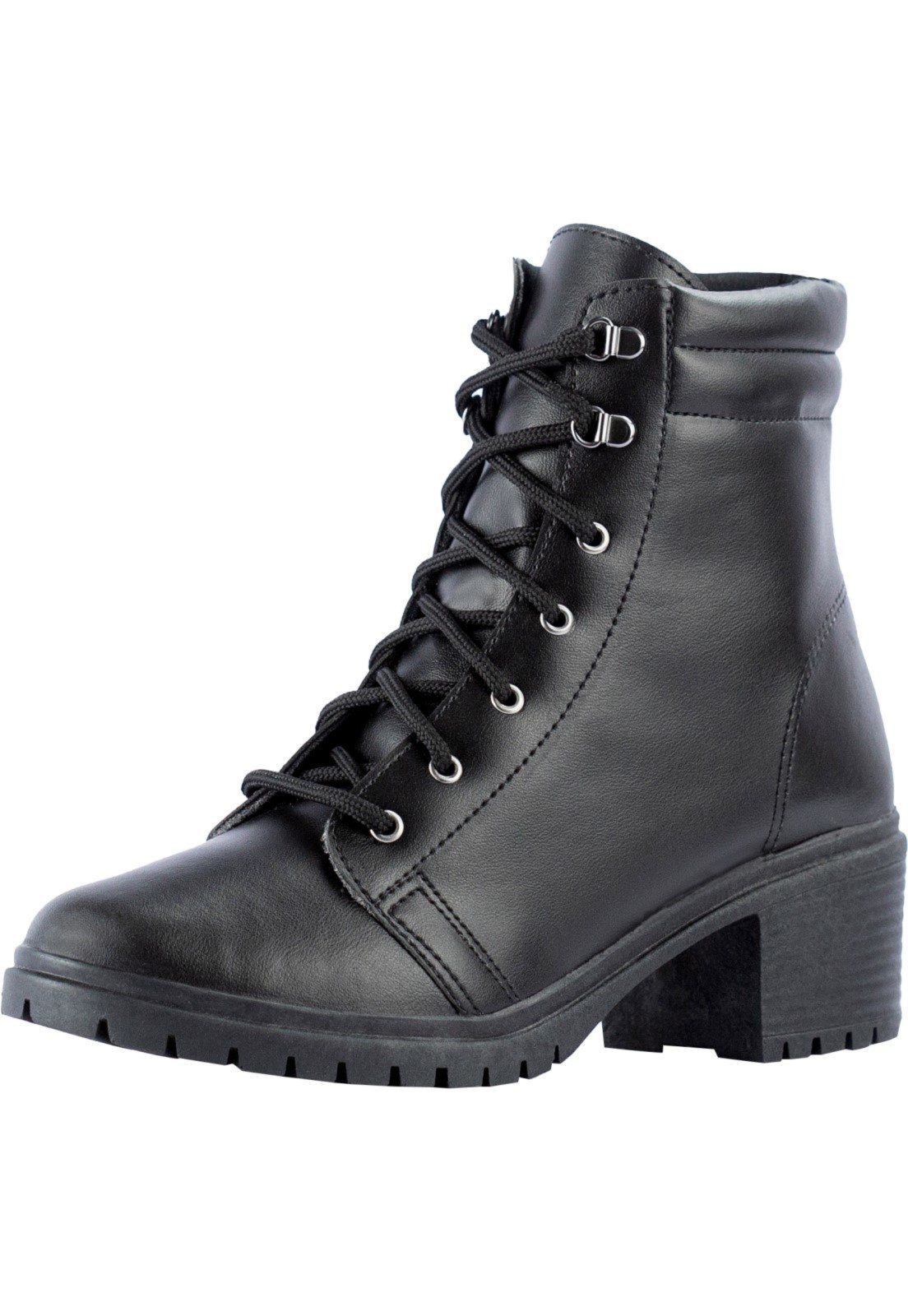 Bota Coturno Feminina Tratorada Lumiss Salto Baixo Grosso Cano Curto Confortável Preto