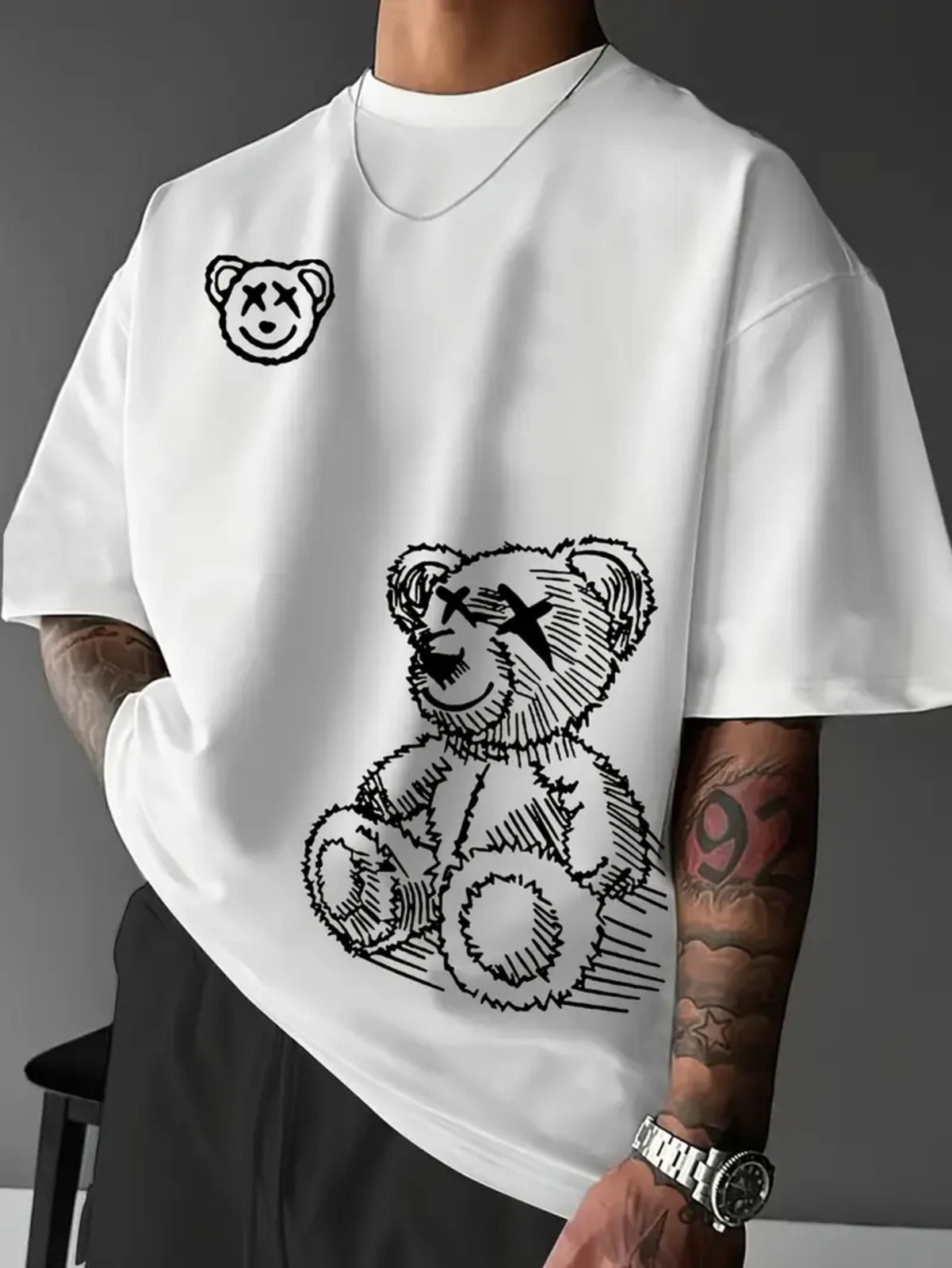 Camiseta Estampada Oversized Double Urso Safira Moda Algodão Branca