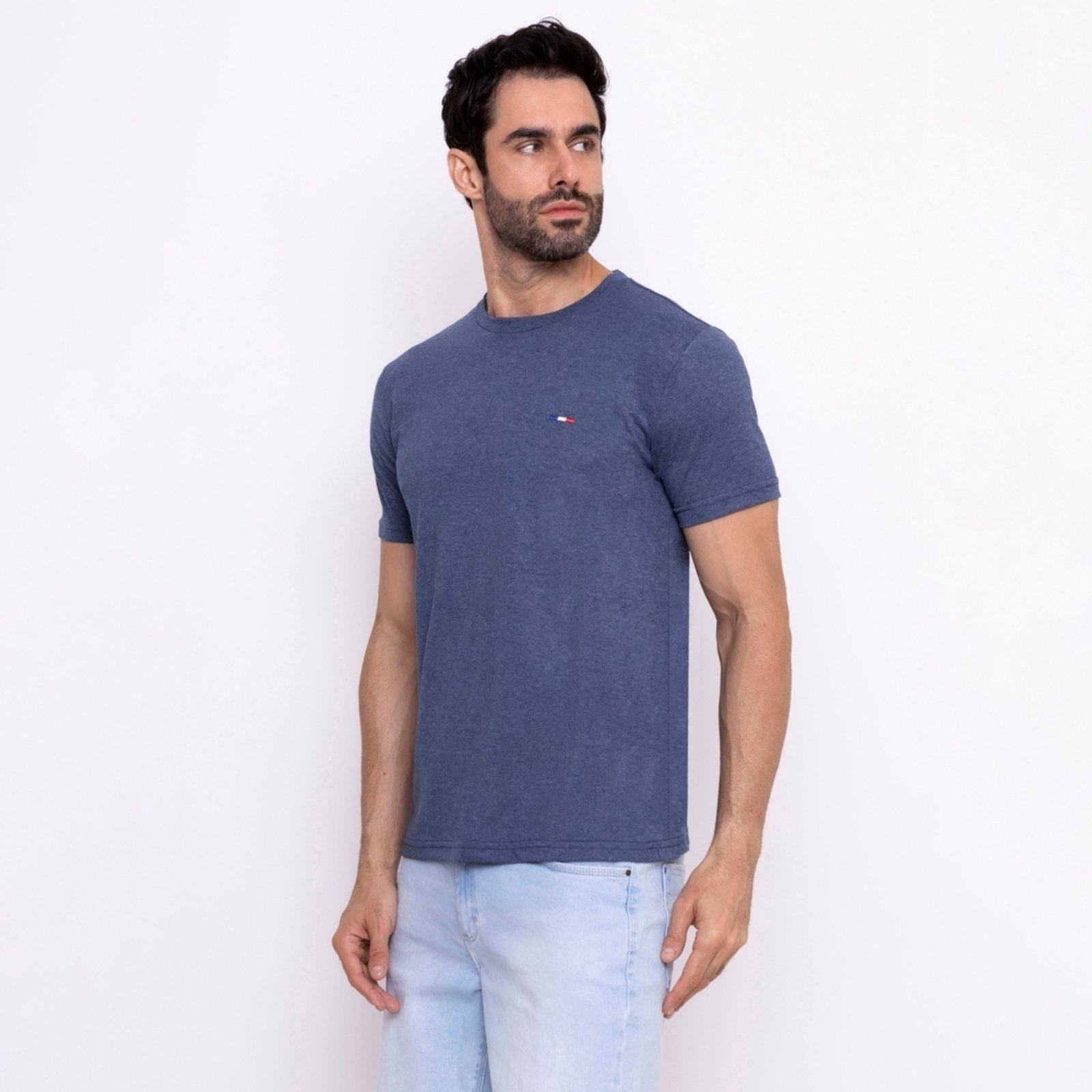 Vista 2 Camiseta Masculina Básica Vih Triny com Bordado no Estilo Tommy Algodão Premium França Marinho mescla azul Vih Triny azul