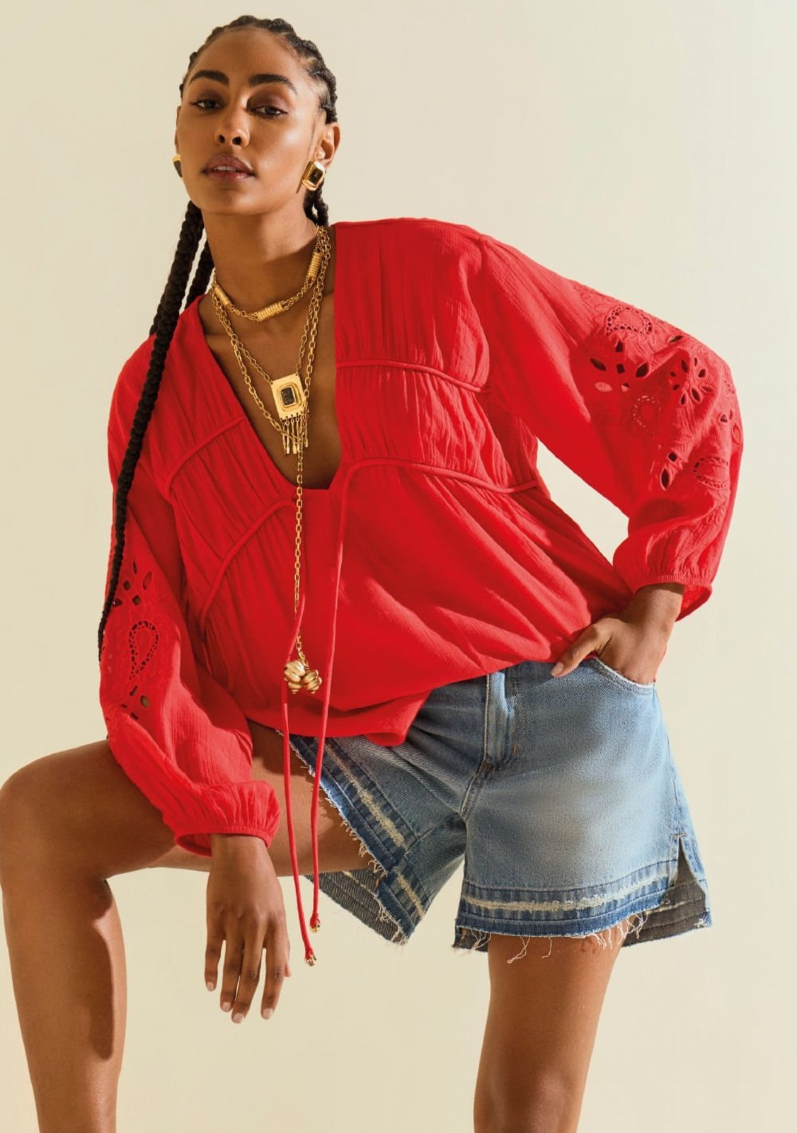 Blusa Morena Rosa Solta Decote V Manga Longa Padrão Estampado