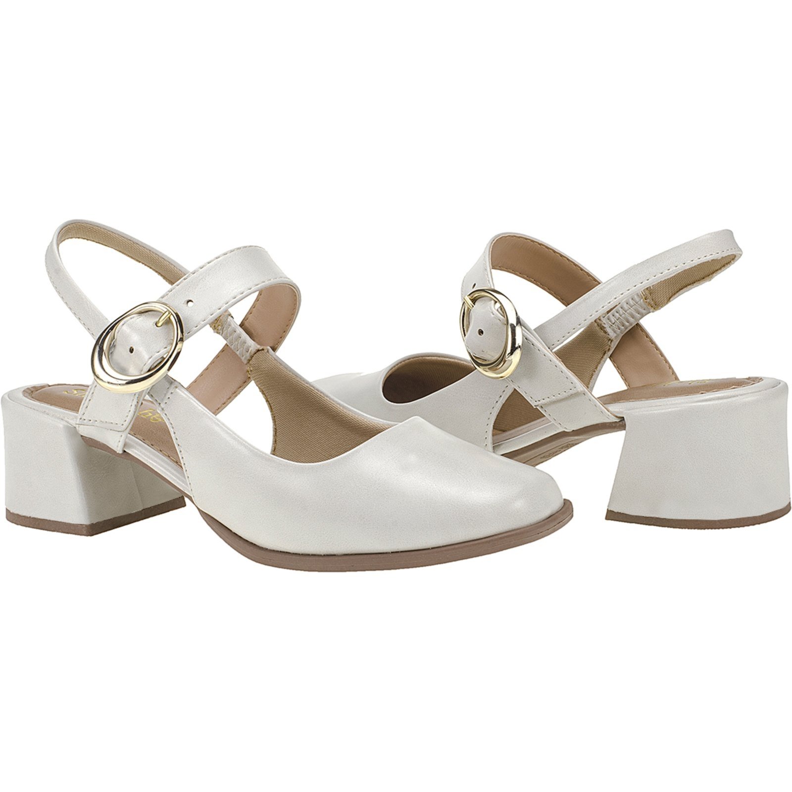 Sapato Feminino Scarpin Bico Quadrado Salto Baixo Mary Jane Boneca Shekinah Fivela Confortável Retrô Off White