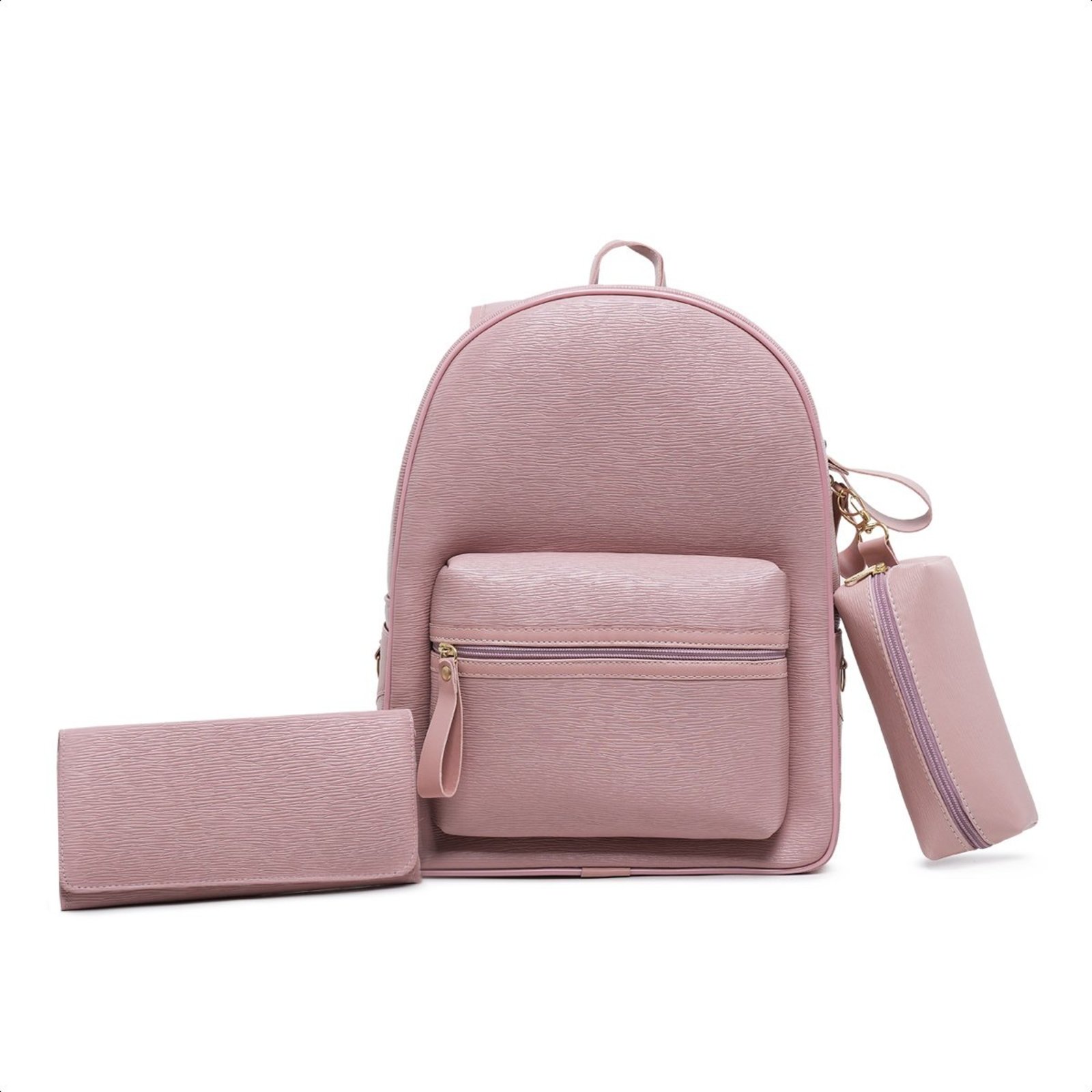 Kit Mochila Feminina Couro Universitaria Com Carteira Estojo - Rosa