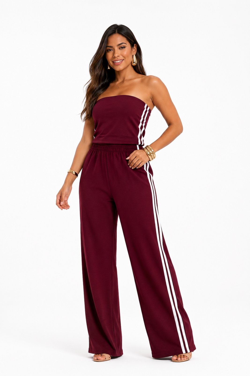 Conjunto Feminino D Bell Outlet Fashion Moletinho Listras Marsala