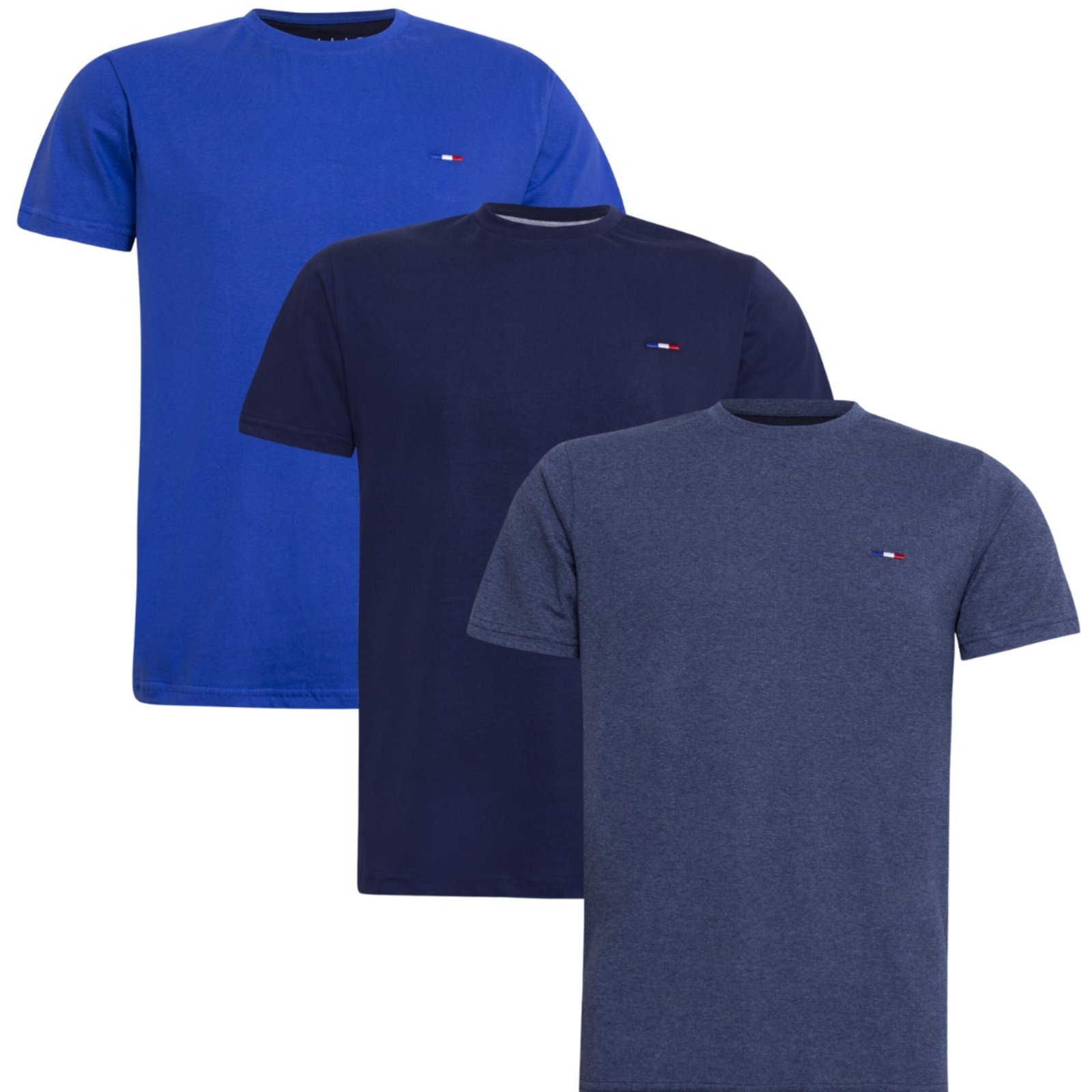 Kit 3 Peças Camisetas Básicas Masculina FMF Royal Marinho Azul Mescla em Algodão Premium no Estilo Tommy Bordado França