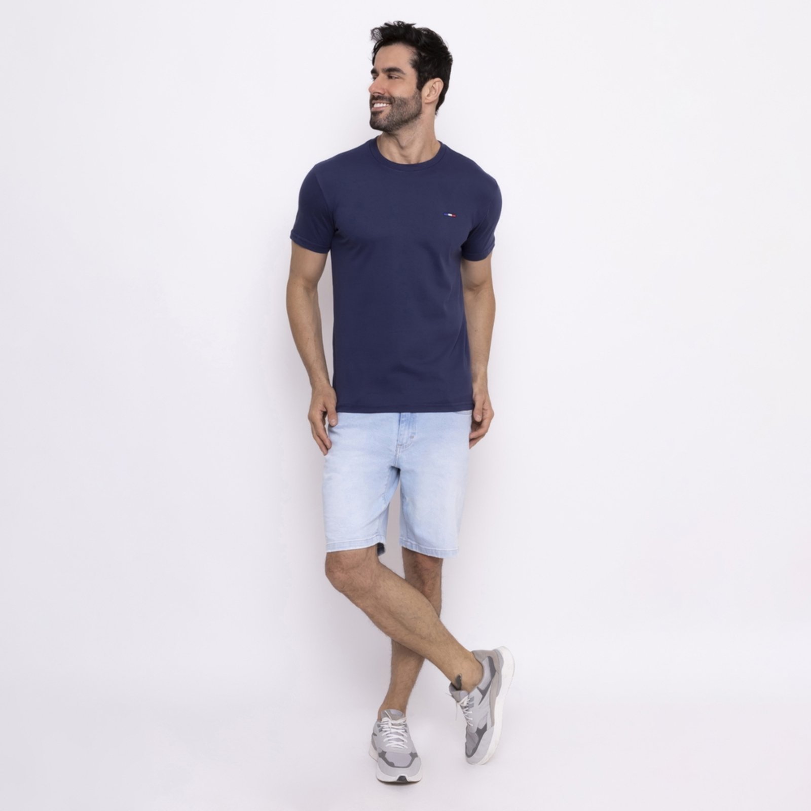 Vista 3 Kit 3 Peças Camisetas Básicas Masculina FMF Royal Marinho Azul Mescla em Algodão Premium no Estilo Tommy Bordado França azul marinho royal FMF azul marinho royal