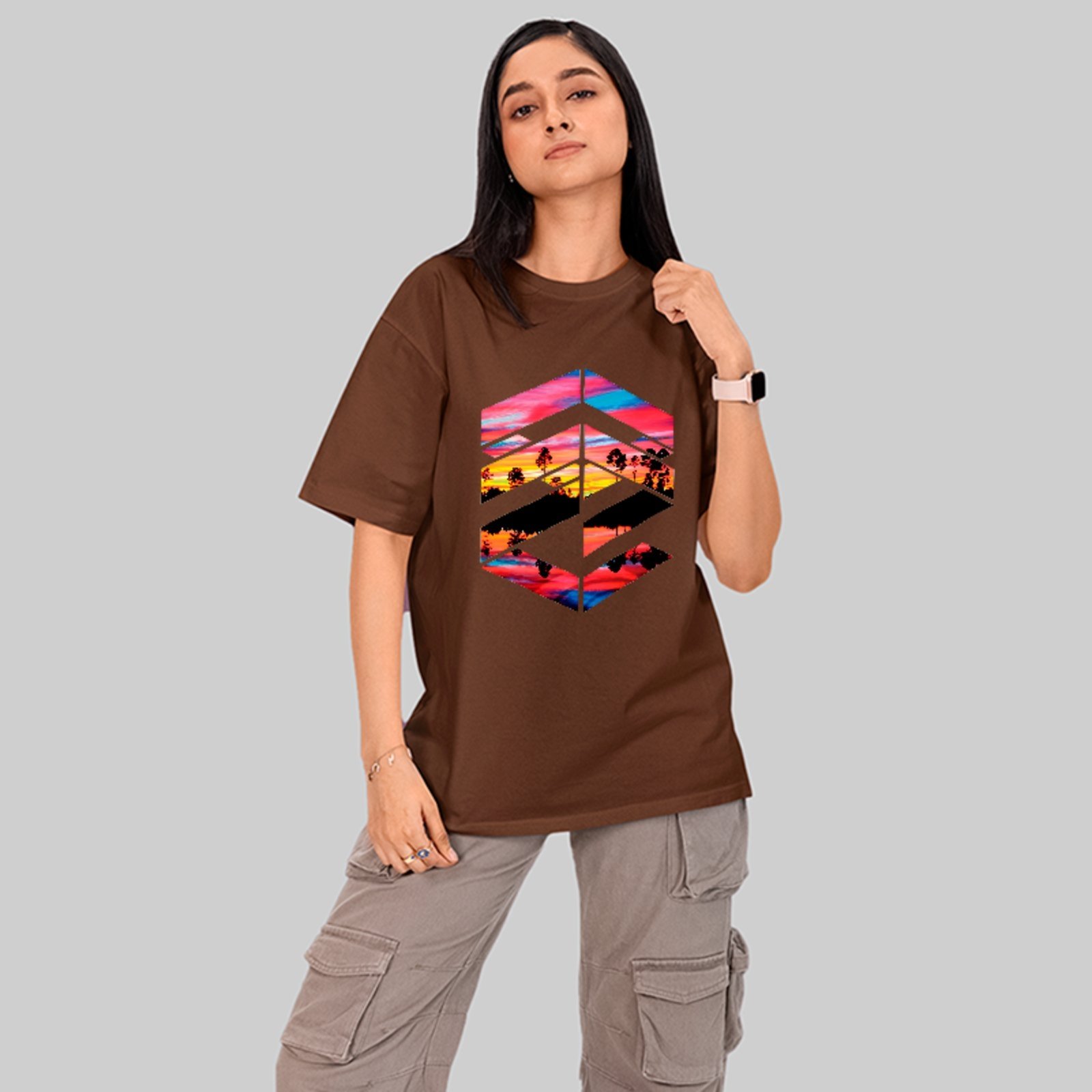 Camiseta Oversized Premium Sunset Landscape Streetwear Unissex Marrom