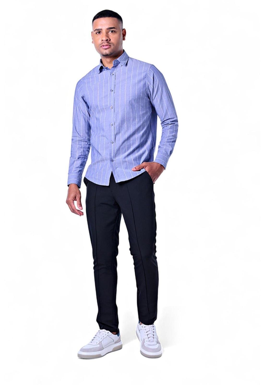 Camisa Masculina Algodão Manga Longa com Listras Azul Navy Incolor