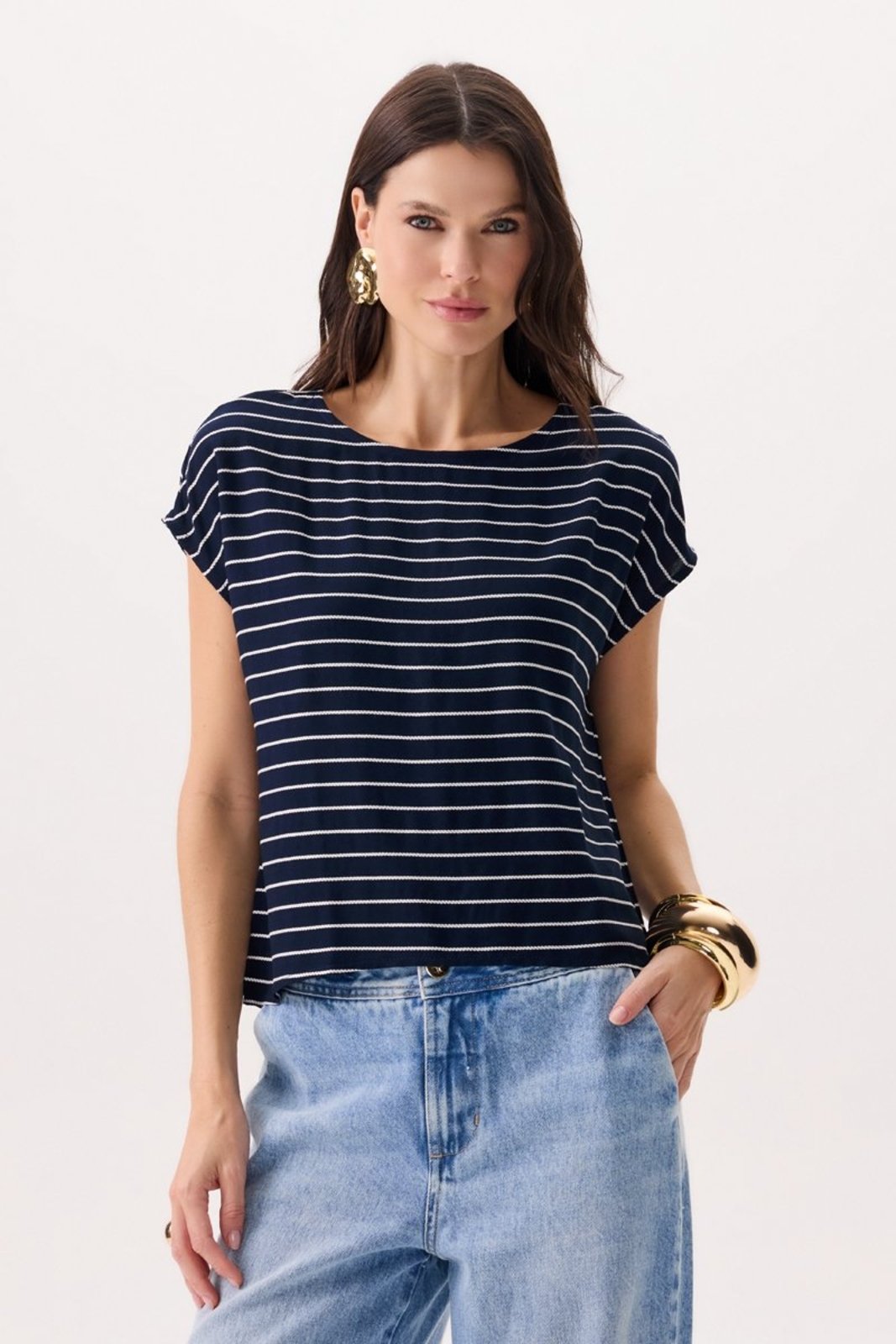 Blusa Feminina em Viscose Estampa Listrada Flor de Lis