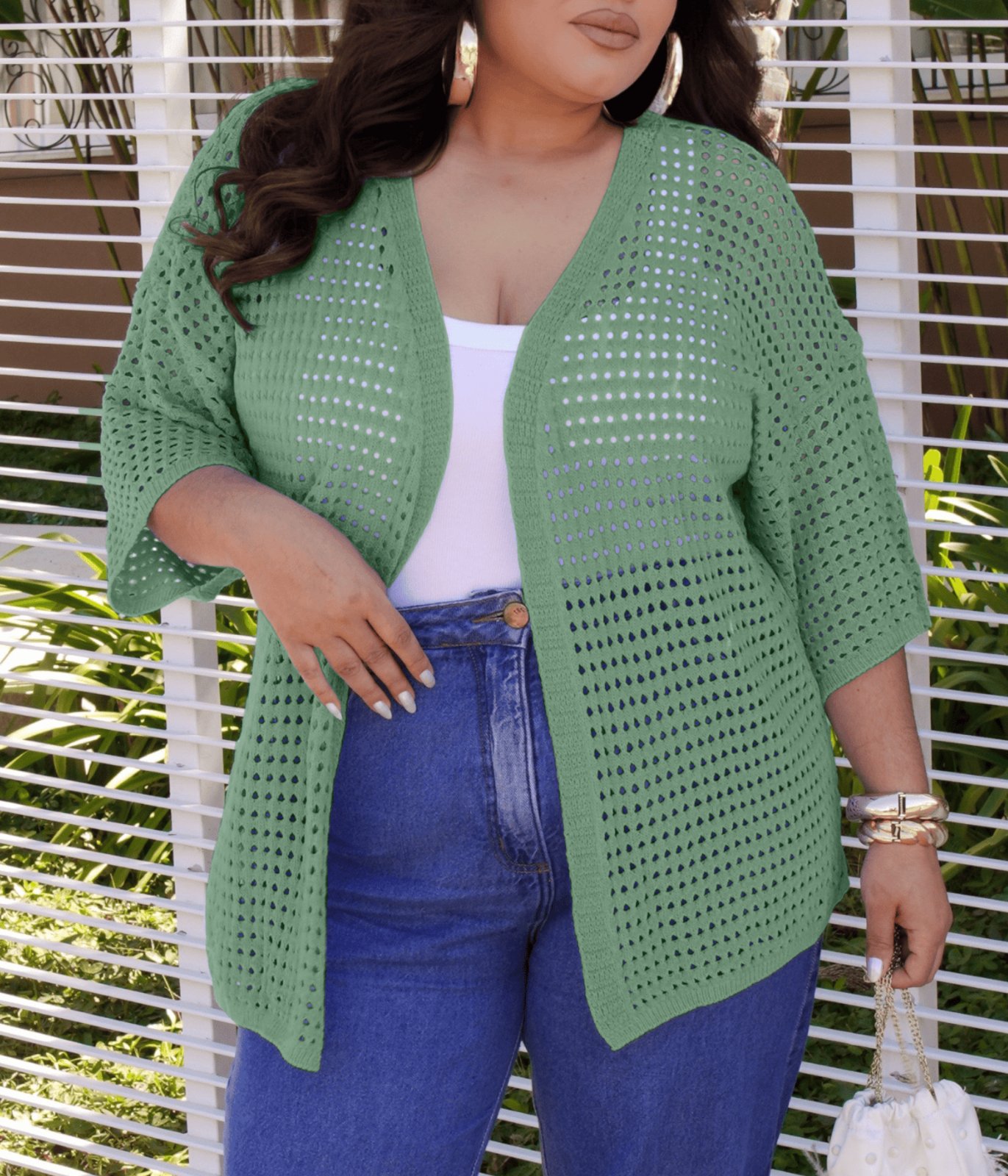 Casaco Cherry Line Kimono Vazado Plus Size Aberto Leve Manga Três Quartos Verão Tricot Verde