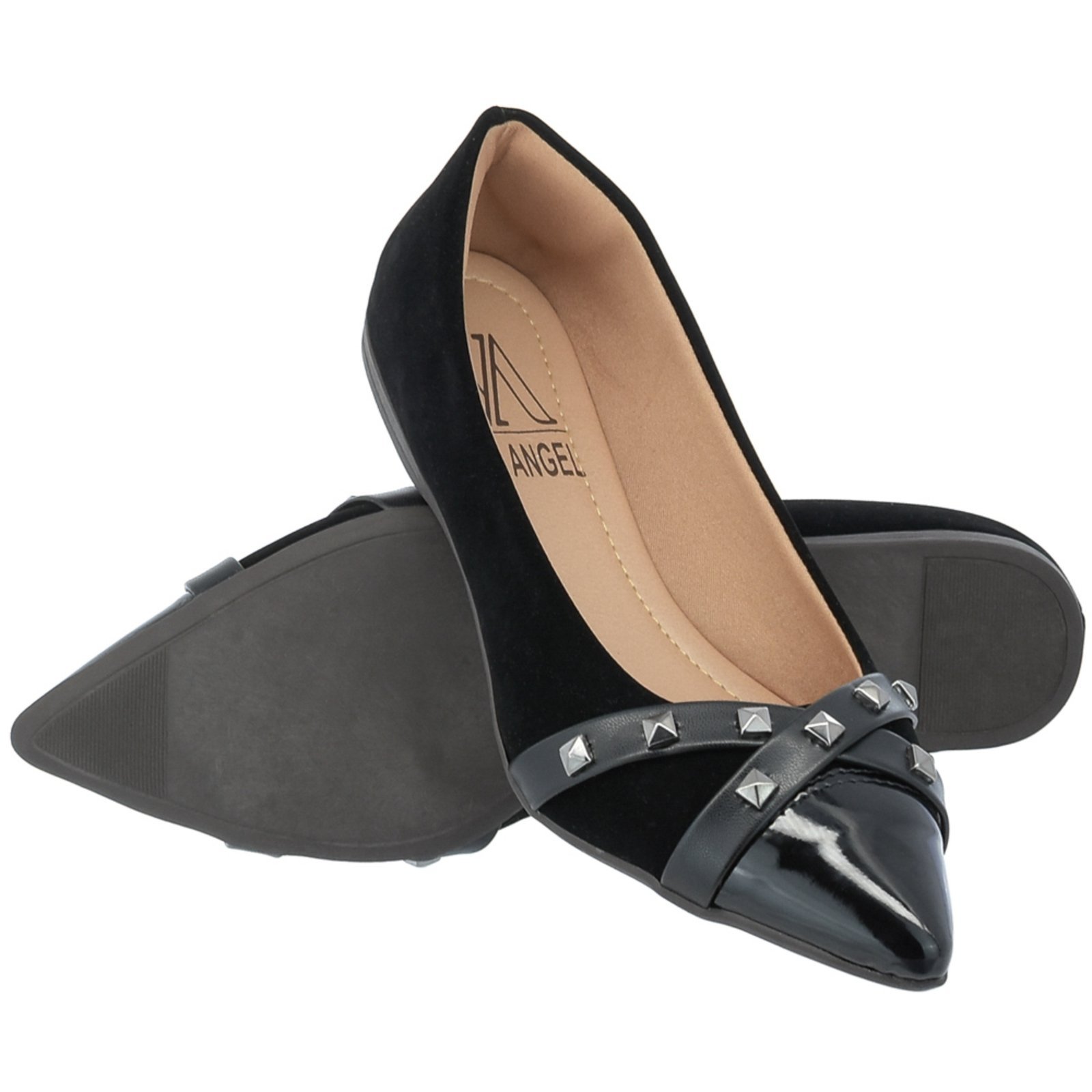 Sapatilha Bico Agulha Feminina Com tachas Confort Via Angel 04 Preto/16.04