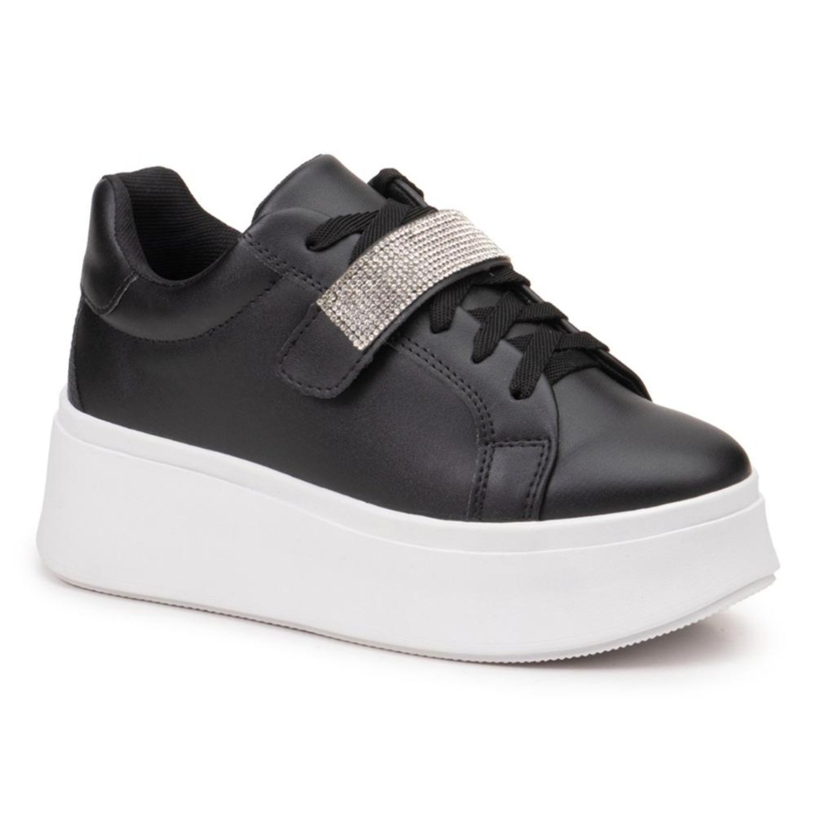 Tênis Feminino Strass Casual Confortável Branco 34 Preto