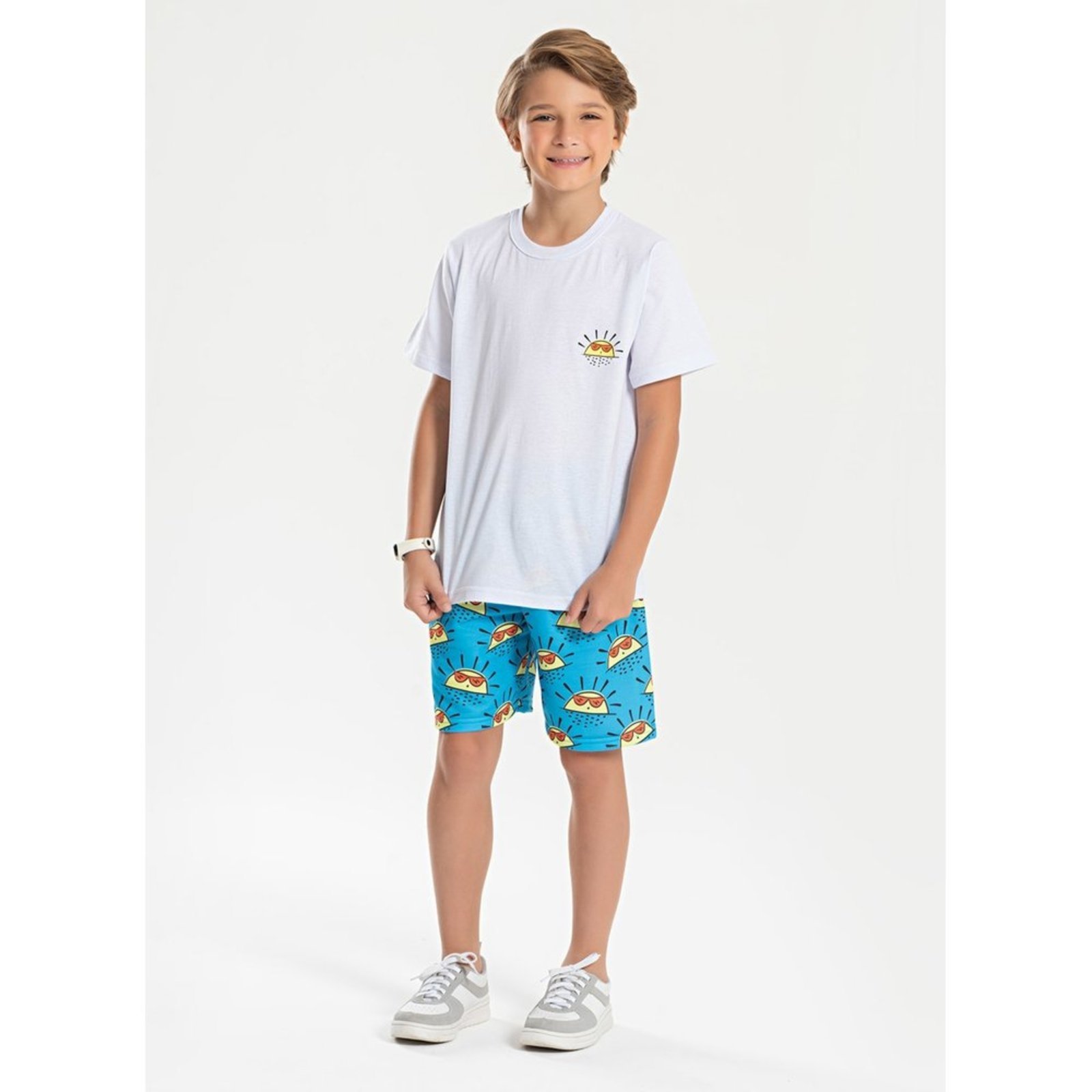 Vista 2 Infantil - Conjunto Verão Menino Camiseta e Bermuda Solzinho de Óculos Molekada branco Molekada branco