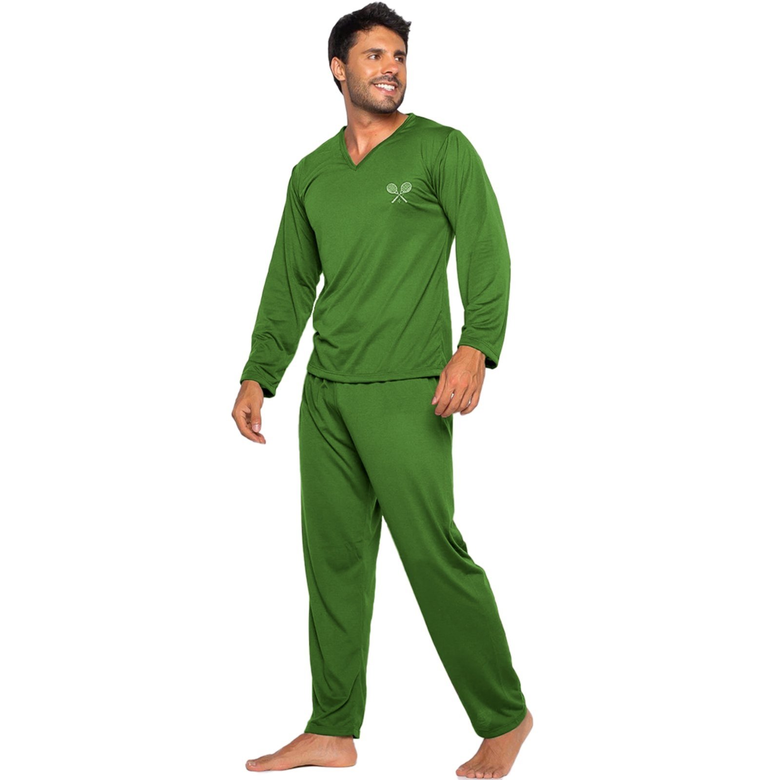 Pijama Masculino Tetê Variedades Manga Longa Conforto Traje de Dormir Inverno Elegante Liso Verde