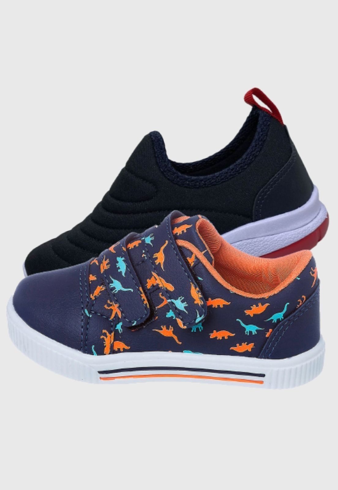 Infantil – Kit 2 Pares de Tênis Masculino Dinossauro e Calce Facil Bordado Preto