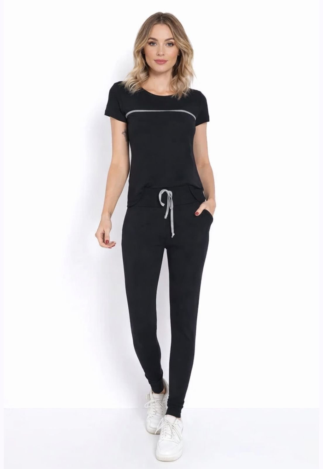 Conjunto Maria Paes Calça e Blusa Preto Com Viés Mescla