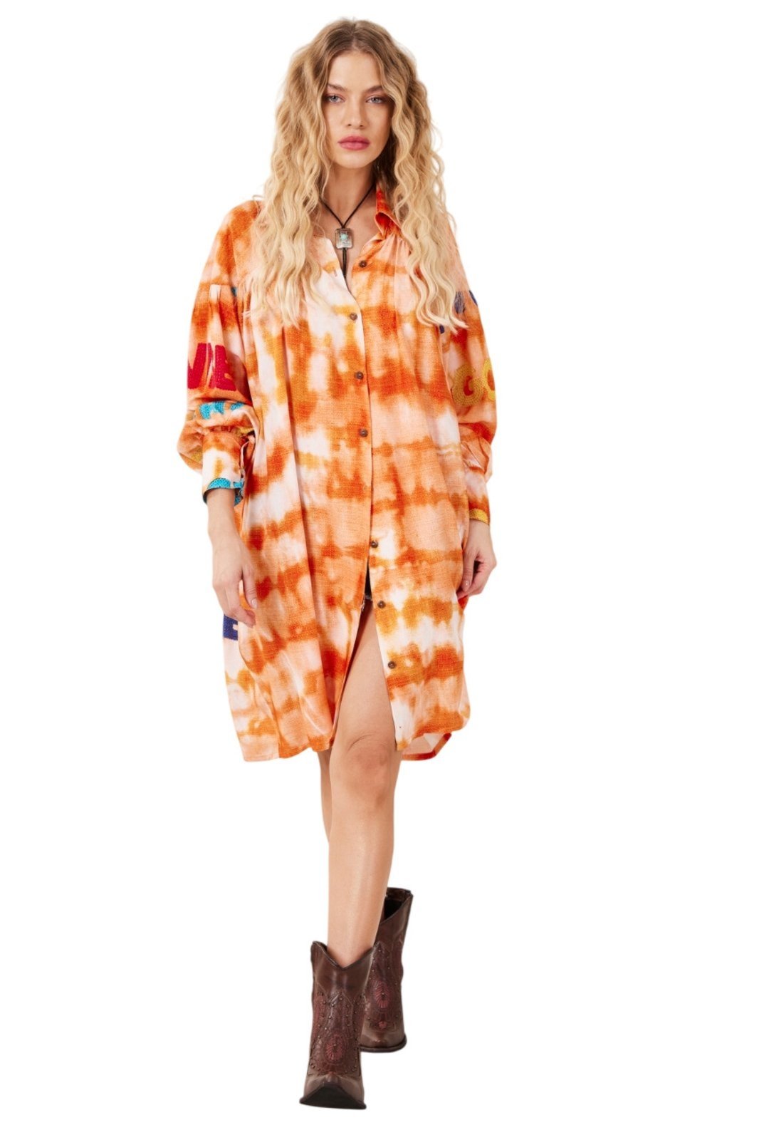 Chemise Ampla Tie Dye Laranja Digital Estampa Love Yacamim N6 – Estampado
