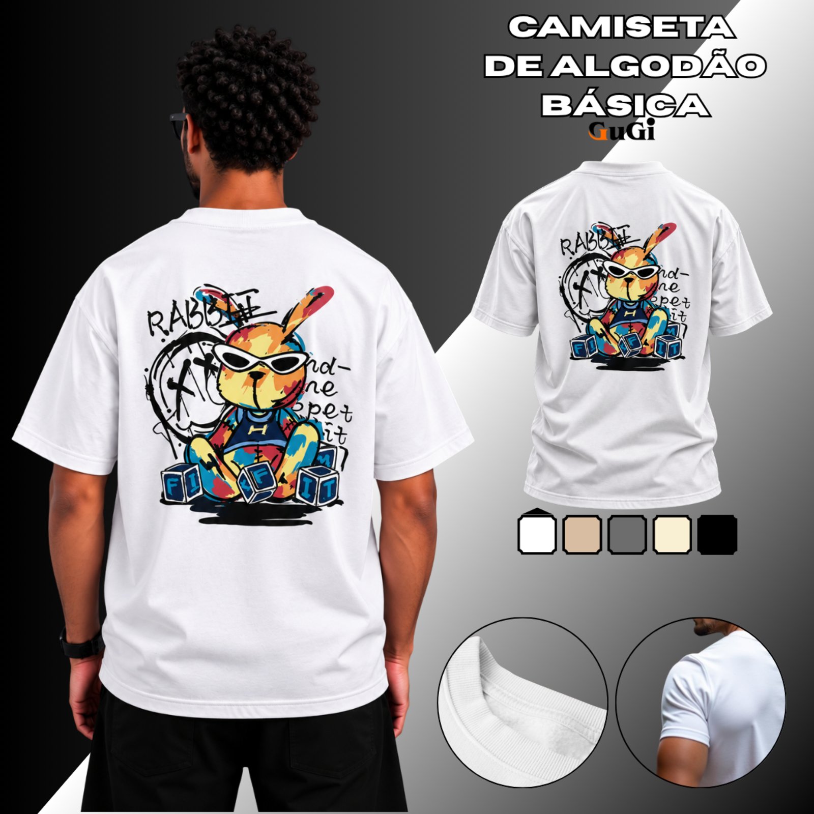 Camiseta Masculina Rabbit Óculos De Sol 100% Algodão 30.1 Branco
